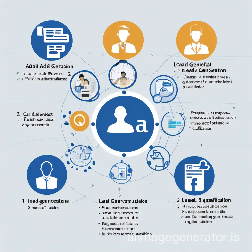 "Generate a realistic and detailed image of a lead generation process which consists of these steps: 1. Facebook ads 2. Ai driven qualification 3. Live call 4. Handover. Include key elements such as prospect identification, outreach strategies, conversion funnel, and data analysis. Ensure clarity and coherence in visual representation.