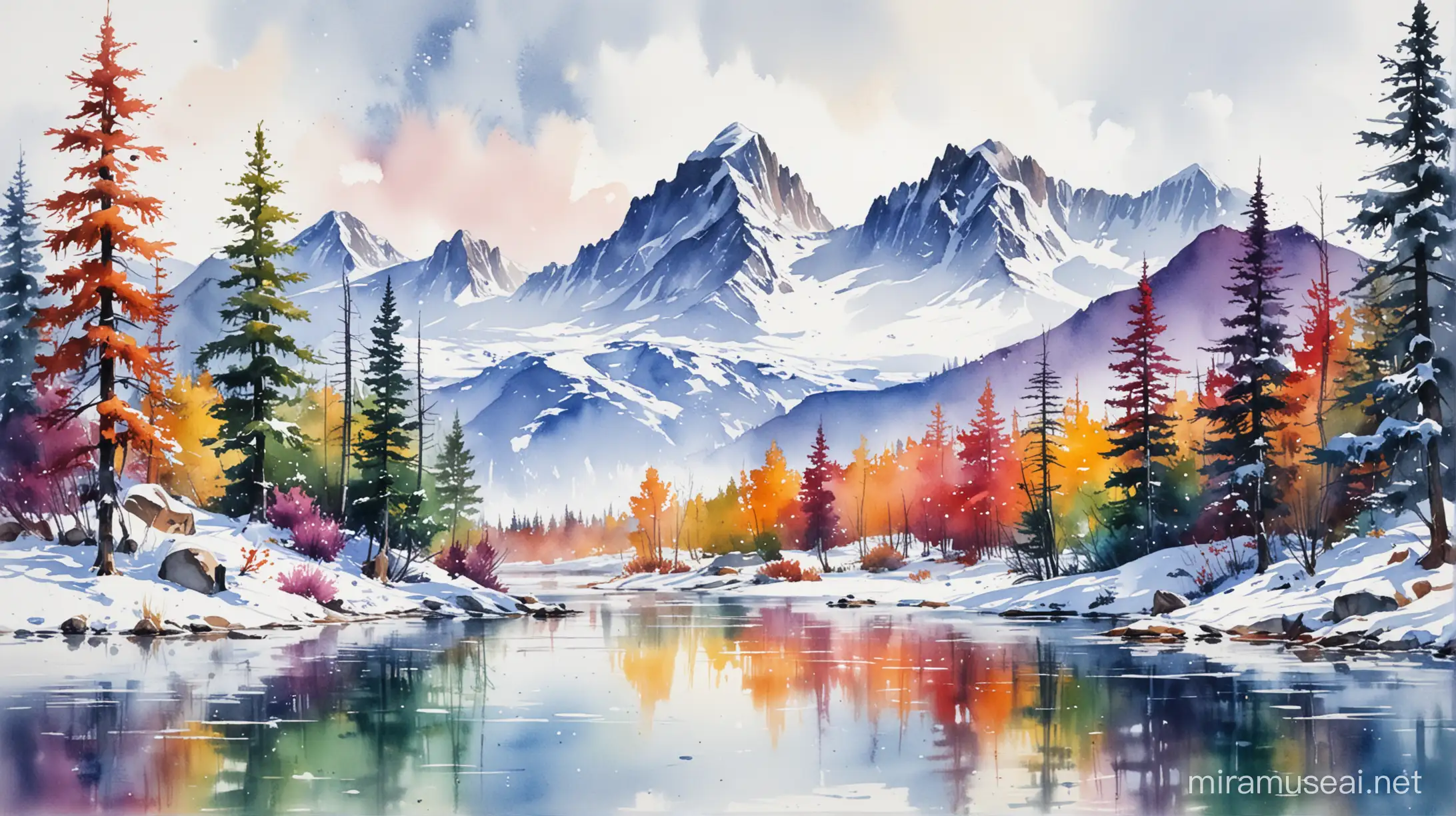 Vibrant Watercolor Landscape of Snowy Mountains and Lake