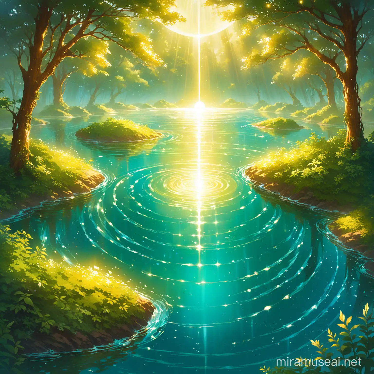 Radiant SelfIlluminated Planet with Rusty Silver and Golden Glow Surrounded by Lush Greens and Pristine Waters Angelic Habitat