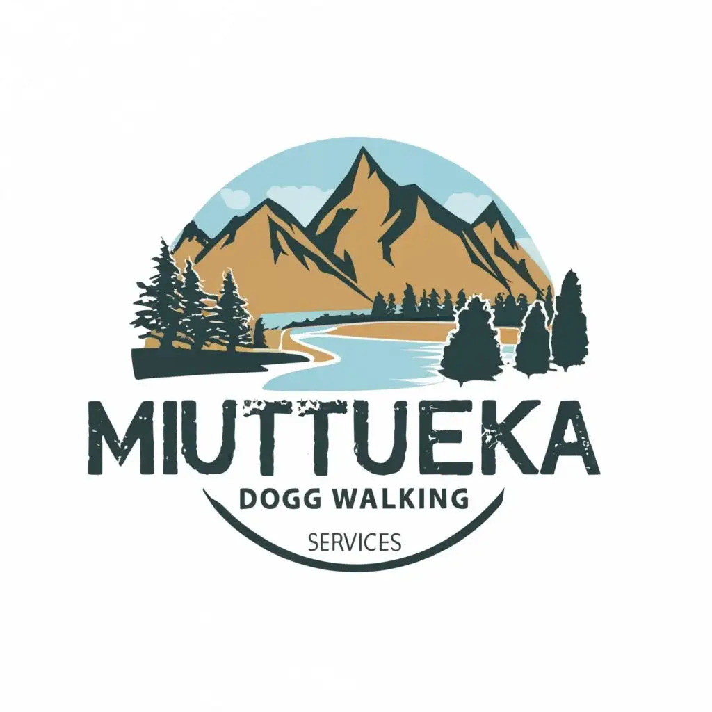 LOGO-Design-For-MUTTUEKA-Dog-Walking-Services-Natural-Serenity-with-Mountain-River-and-Trees