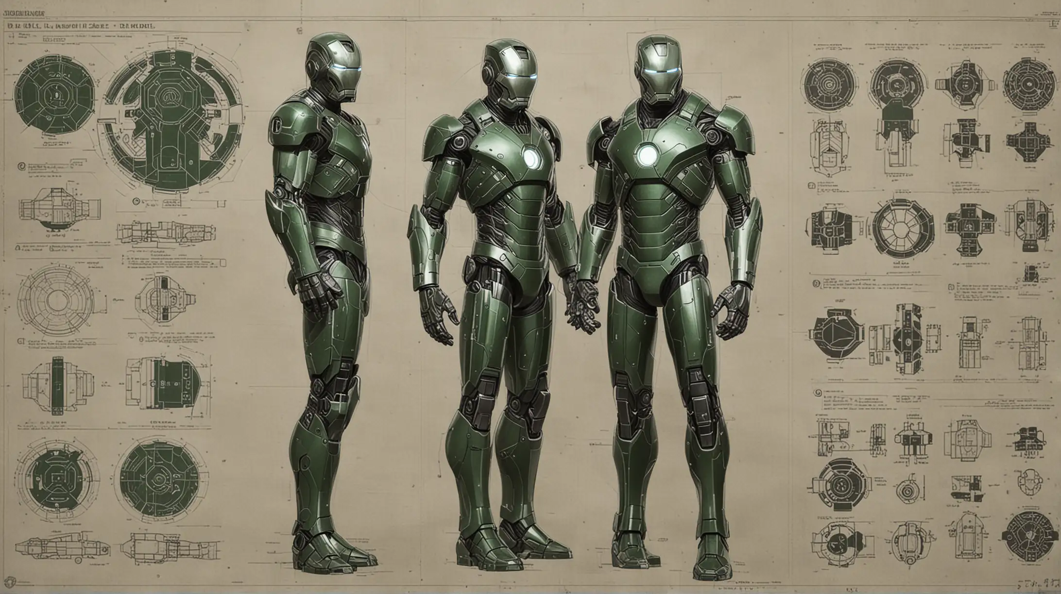 blueprints and all parts of the iron man mark 33 suit, painted green and black, with titanium silver arc reactor 