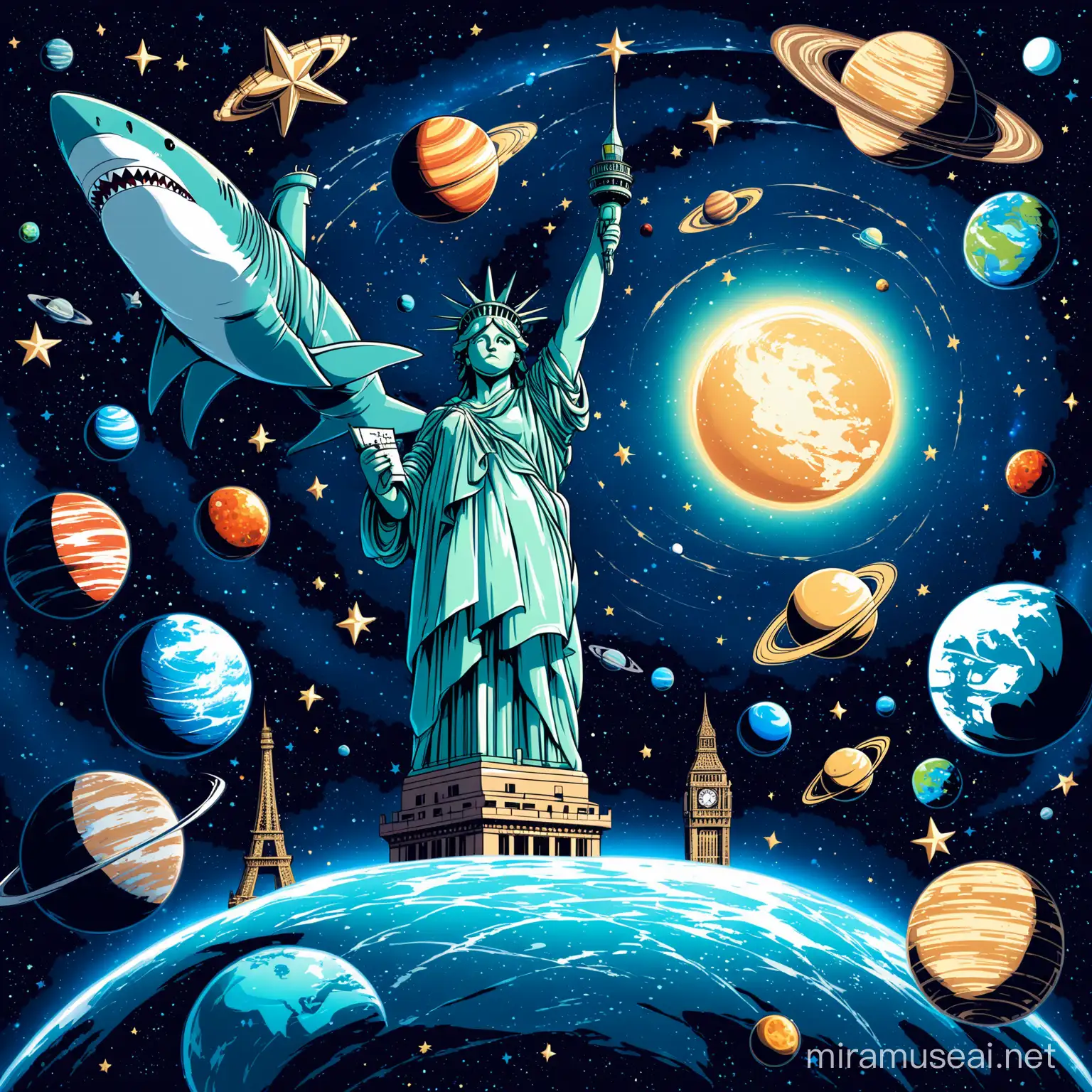  STATUE OF LIBERTY, SHARKS, PLANETS, STARS, EIFFEL TOWER, BIG BEN, HOLLYWOOD, FLOATING IN SPACE