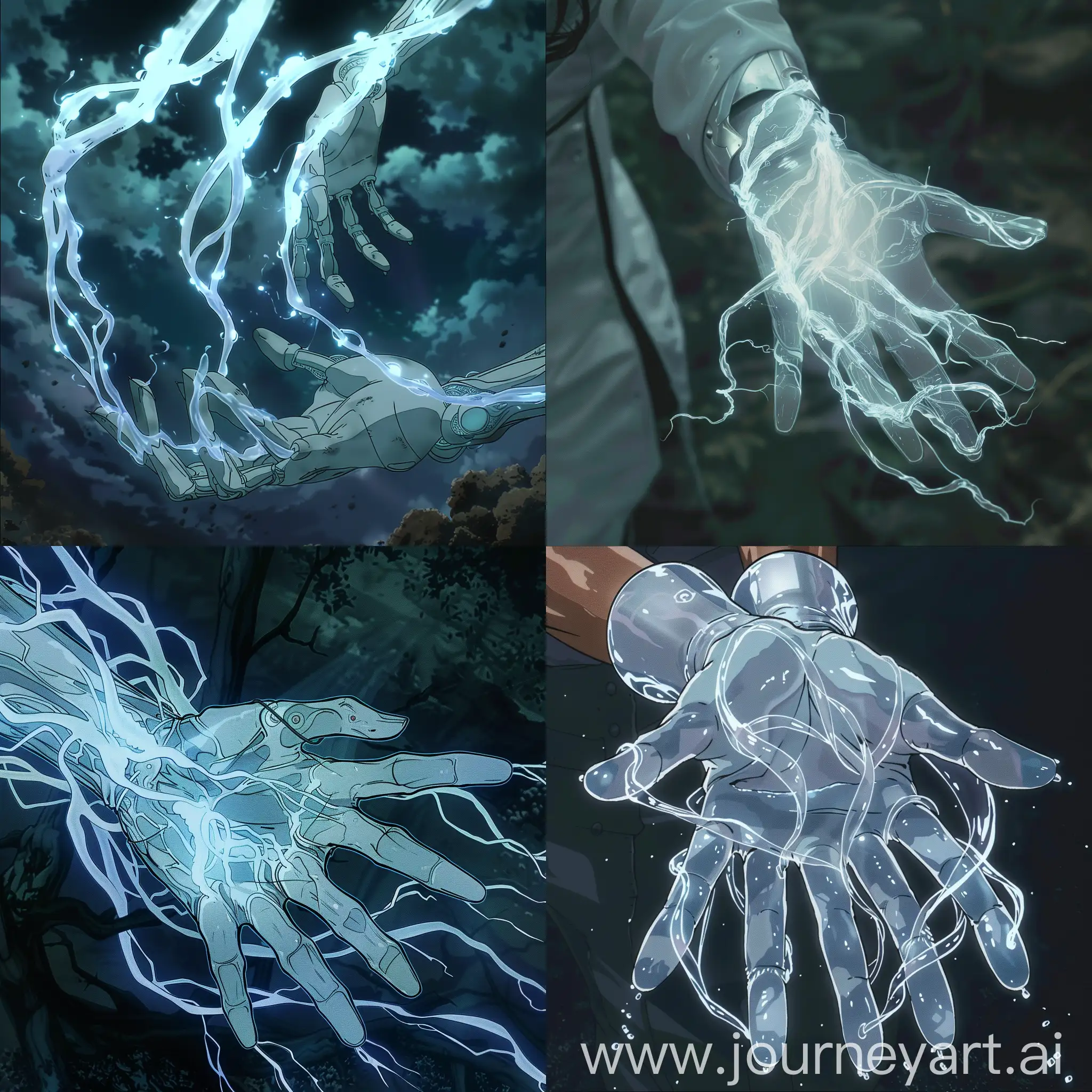 2D anime the Symbiont's tendrils emit a translucent, shimmering forcefield around the user's hands. This forcefield can extend and retract rapidly, allowing the user to reach out and manipulate objects or terrain from a distance as if by an unseen hand.