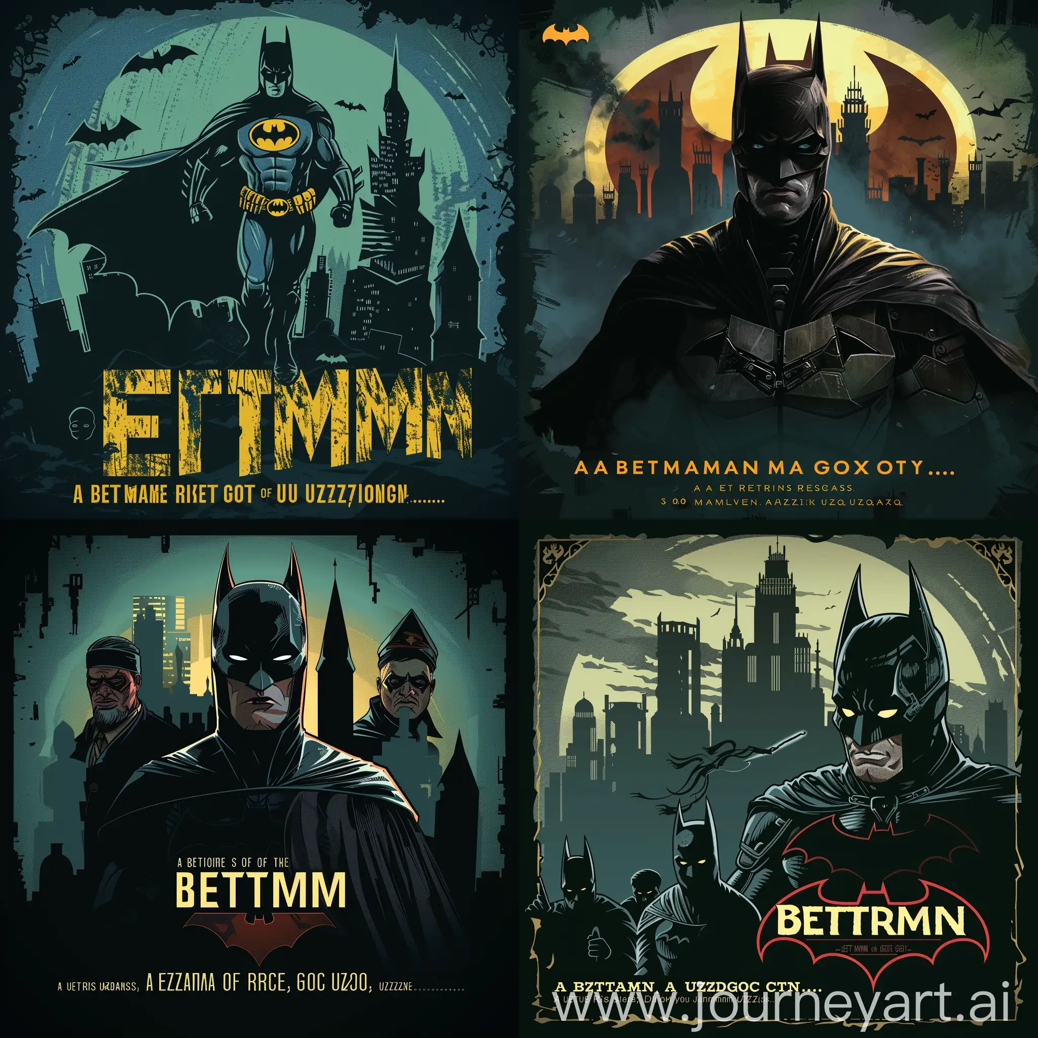 Title: Betman and Uzbeks  Design Elements:  Dark Gotham City skyline. Betman in iconic suit. Shadowy Uzbeks. DC Comics logo. Tagline: "A Hero Rises from the Shadows..."