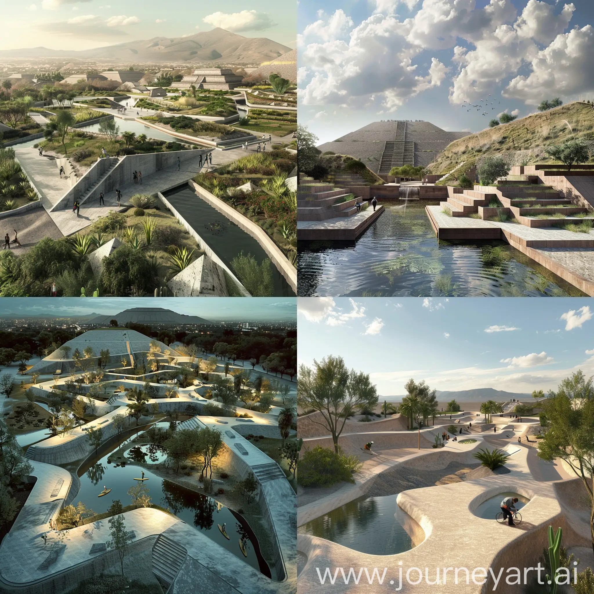 diseña un espacio parque inspirado en la geometría y arquitectura prehispánica de teotihuacan, respetando sus formas, agua, juegos de alturas y monumentalidad, con taludes