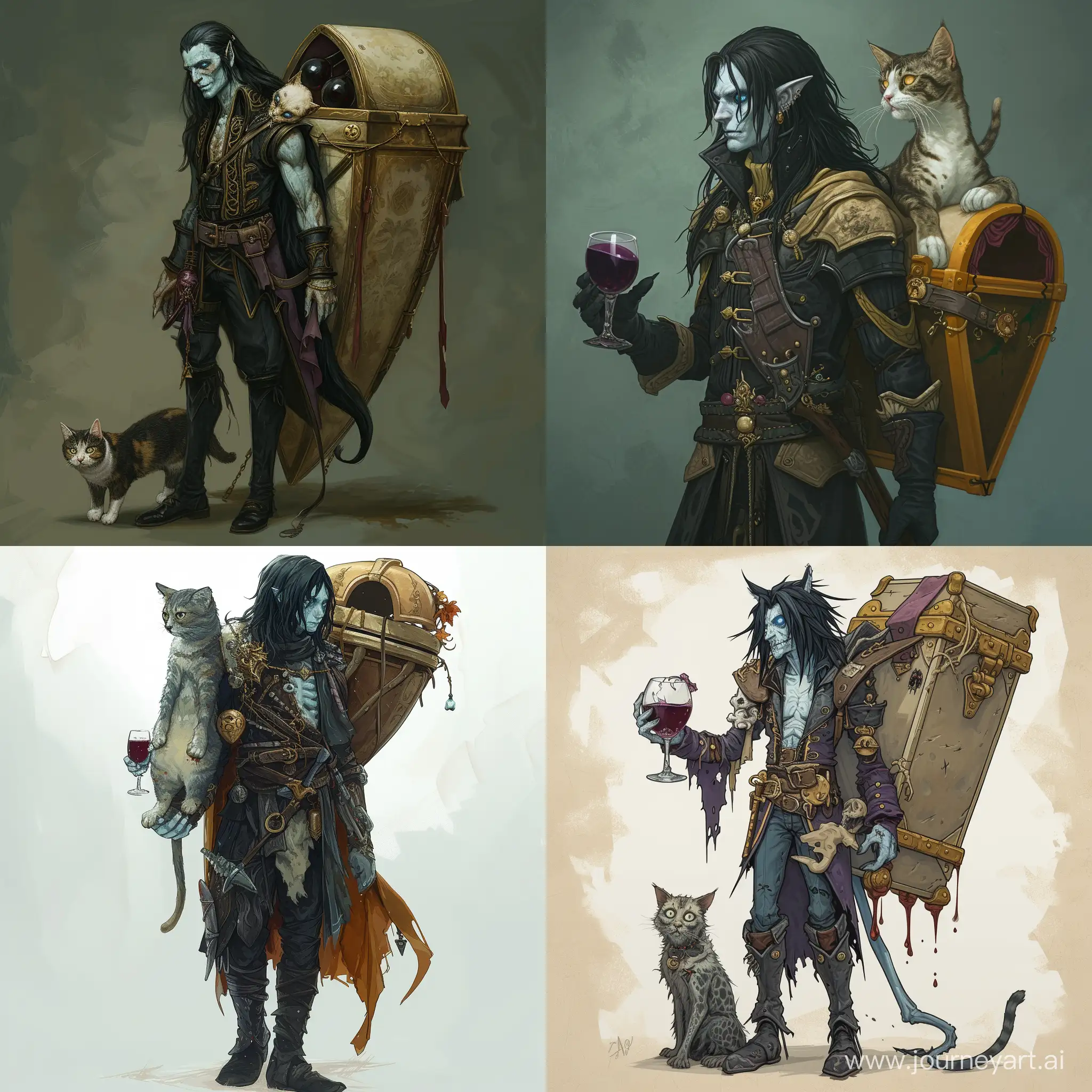 A pale-skinned, black-haired, blue-eyed necromancer. He is 180 cm tall and weighs 47 kg. On his back is a coffin with the corpse of his beloved and wine. Next to it is the resurrected corpse of a cat.