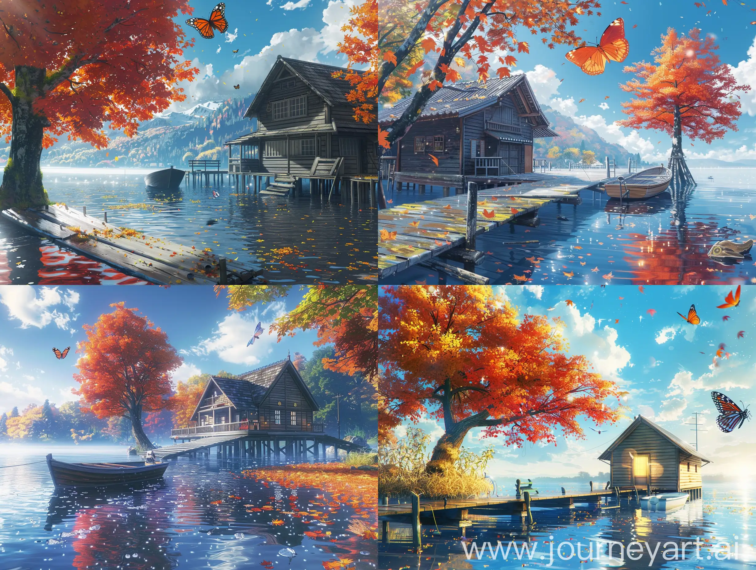 Cozy-Autumn-Anime-Scenery-Lake-House-Morning-with-Butterflies-and-Boats