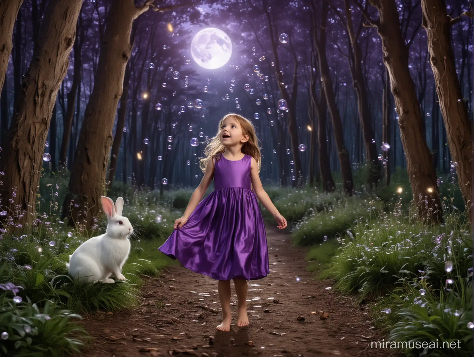 une petite fille de 6 ans surprise la bouche entre-ouverte, cheveux châtain, robe violette, pieds nus dans une forêt magique la nuit. La lune est dans le ciel. Des choses lumineuses flottent dans l'air avec des bulles. Un lapin blanc la suit. Il y a des fées dans cette forêt