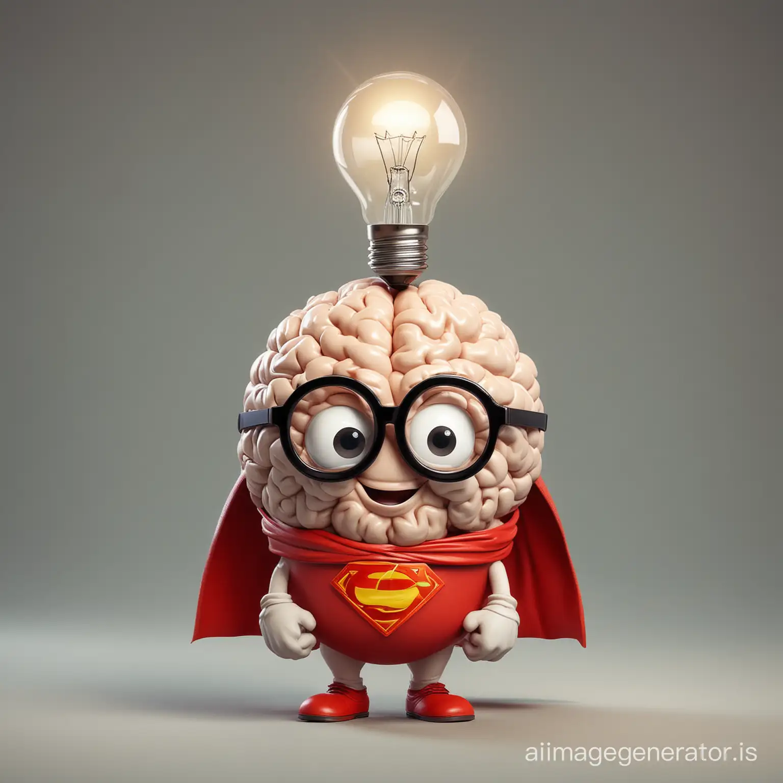 A funny cartoon brain with a happy face and glasses and a light bulb on top of the brain. The brain also wears a red cape on shoulder because he is a superhero. Brainwave Brigade