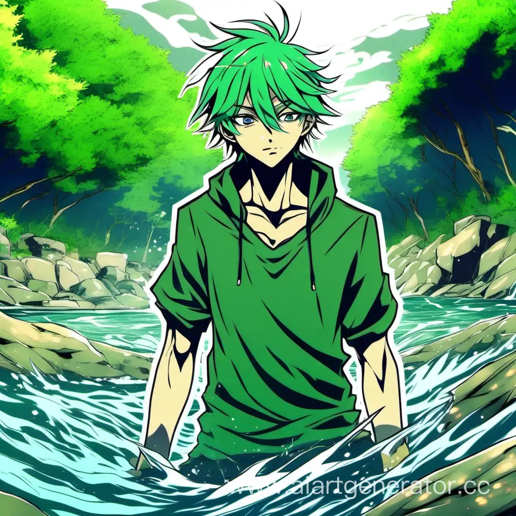 парень,выплывает из реки,у него зелёные волосы, в аниме стили