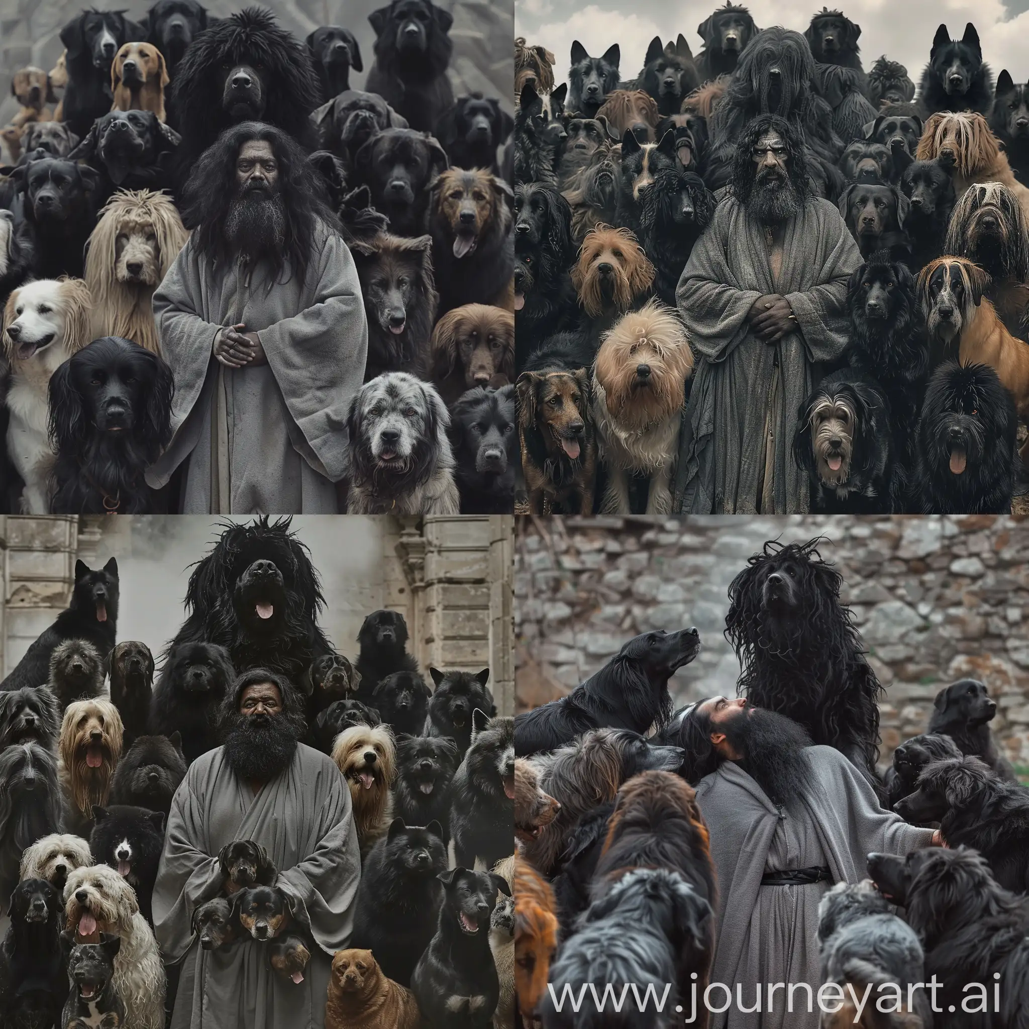 Tall-Bearded-Man-in-Gray-Robe-Leading-Pack-of-Diverse-Wild-Dogs