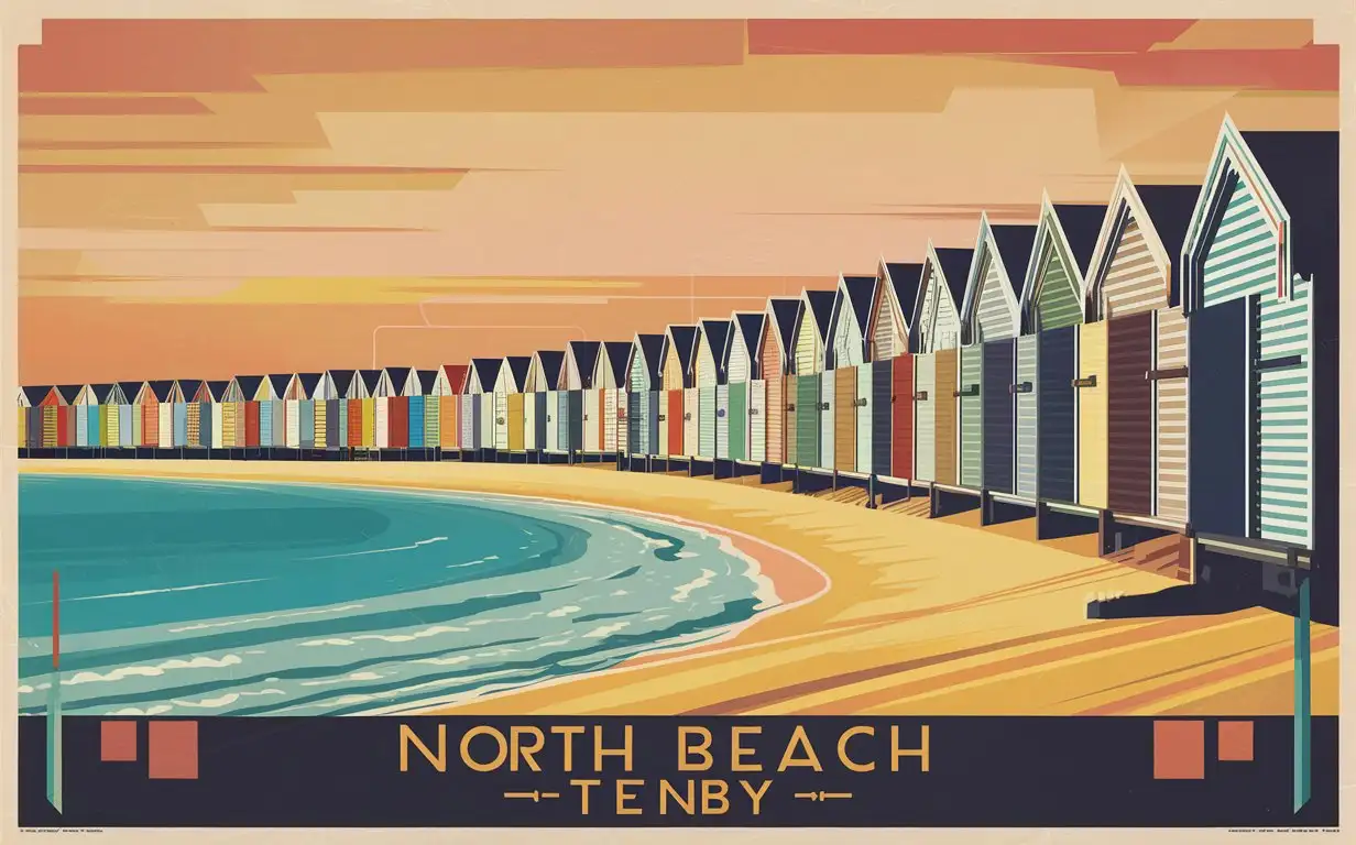North beach in Tenby in the style of an Art Deco railway poster