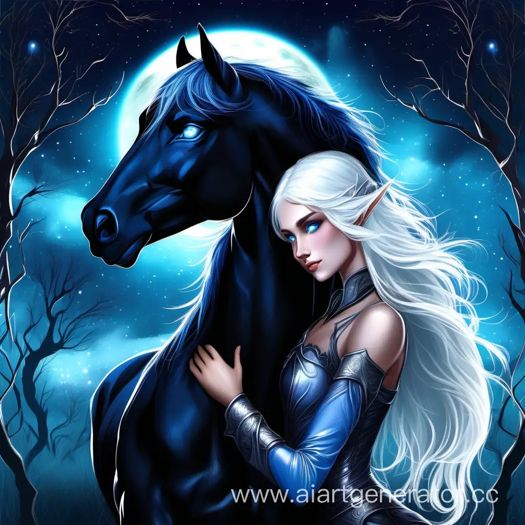 Черный жеребец с голубыми глазами у него чёрная грива стоит в объятиях  девушки эльфа с белыми волосами на фоне ночи, , фентези, реалистично