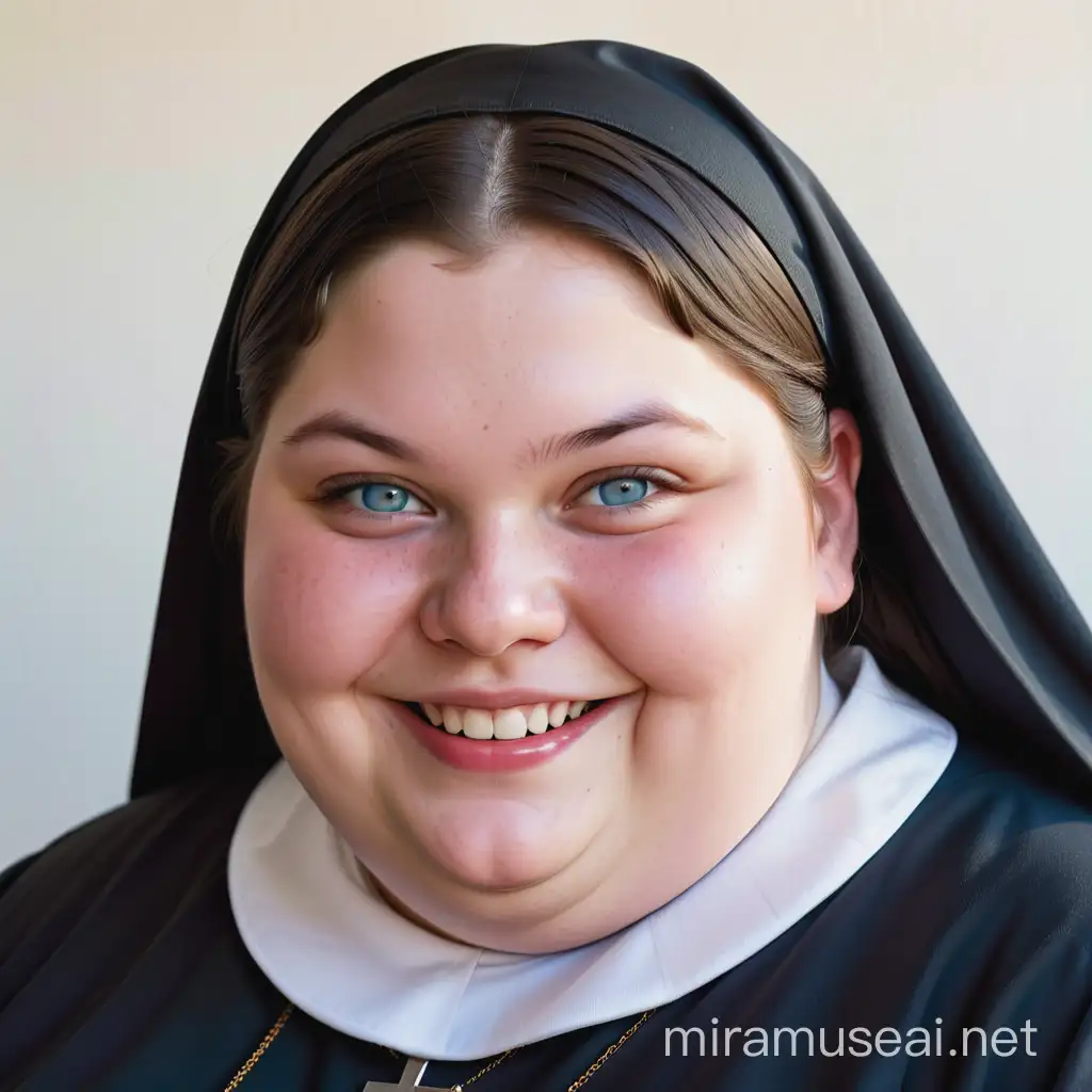 Very detailed photo of a very obese, smiling young nun, with fat face with red cheeks, fat body, yellow teeth, blue eyes, thick eyebrows and dark hair