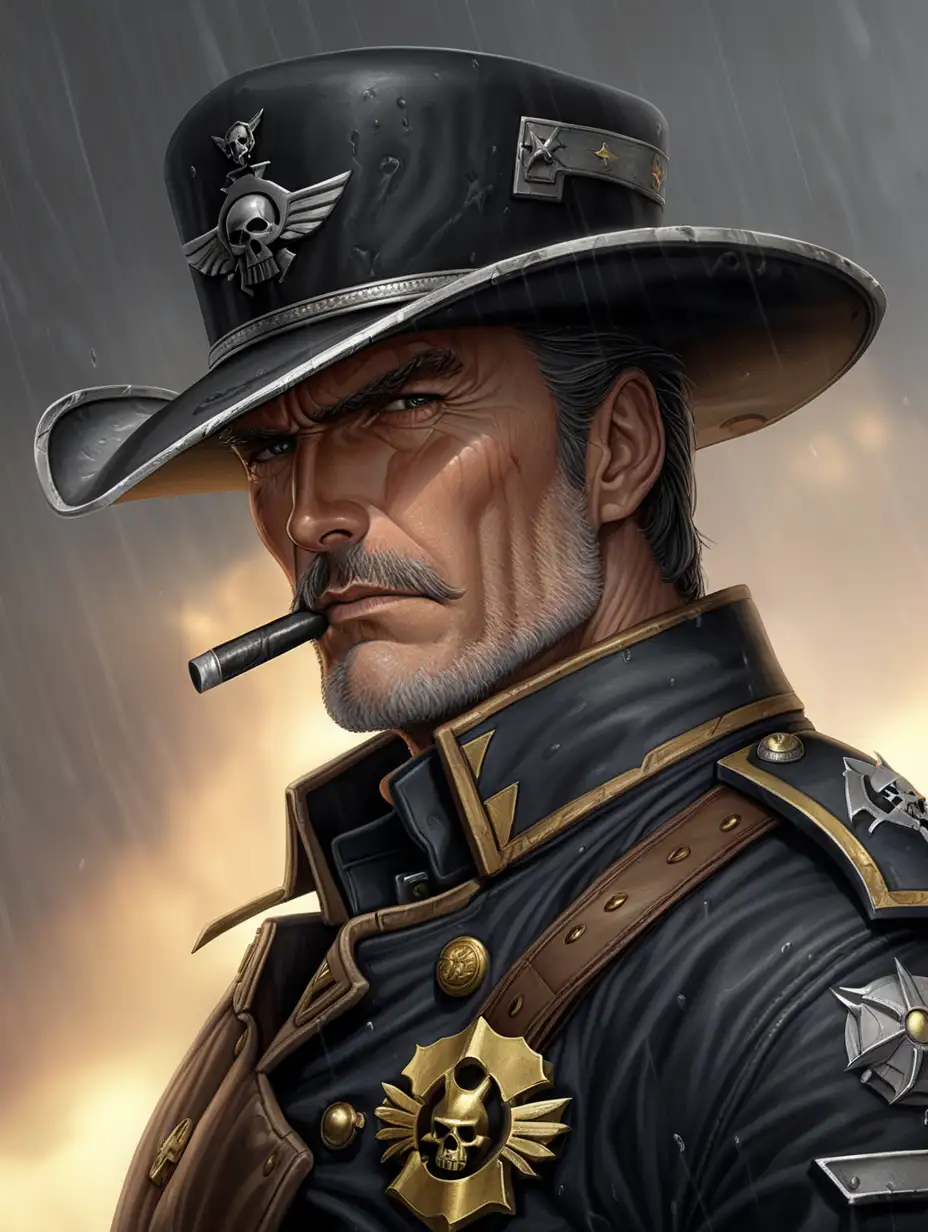 Setting is Warhammer 40K. Cavalry officer. He looks like Clint Eastwood when he was young. He has black colored hair that is starting to gray. He is wearing a crumpled short cowboy hat. He has a thick mustache. Cavalry officer uniform is dark black. He has a brown uniform raincoat. Background scene is a Warhammer 40K scene in a torrential rainstorm.