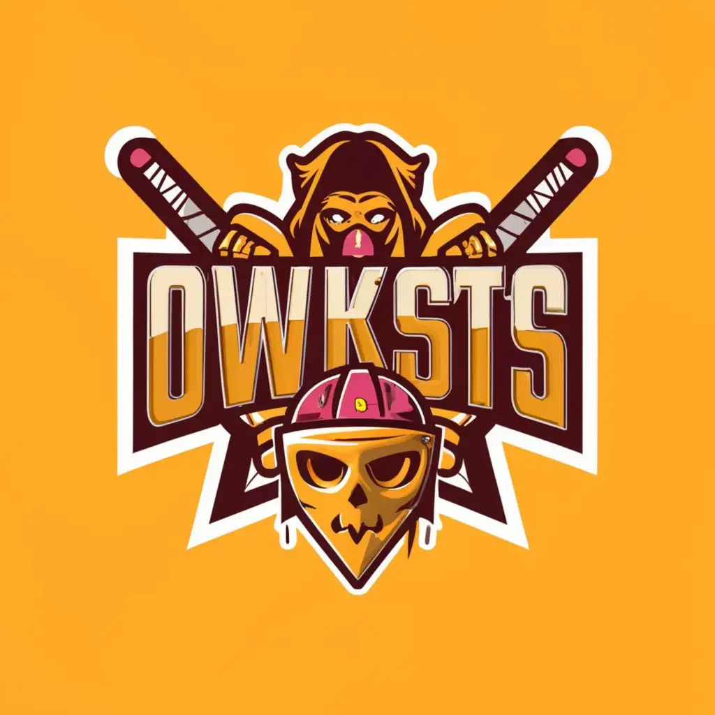 a logo design,with the text "OwtKast", main symbol:cosplayer, yellow skull hockey mask, Adventure team, hockey jersey, maroon and gold,complex,be used in Entertainment industry,clear background