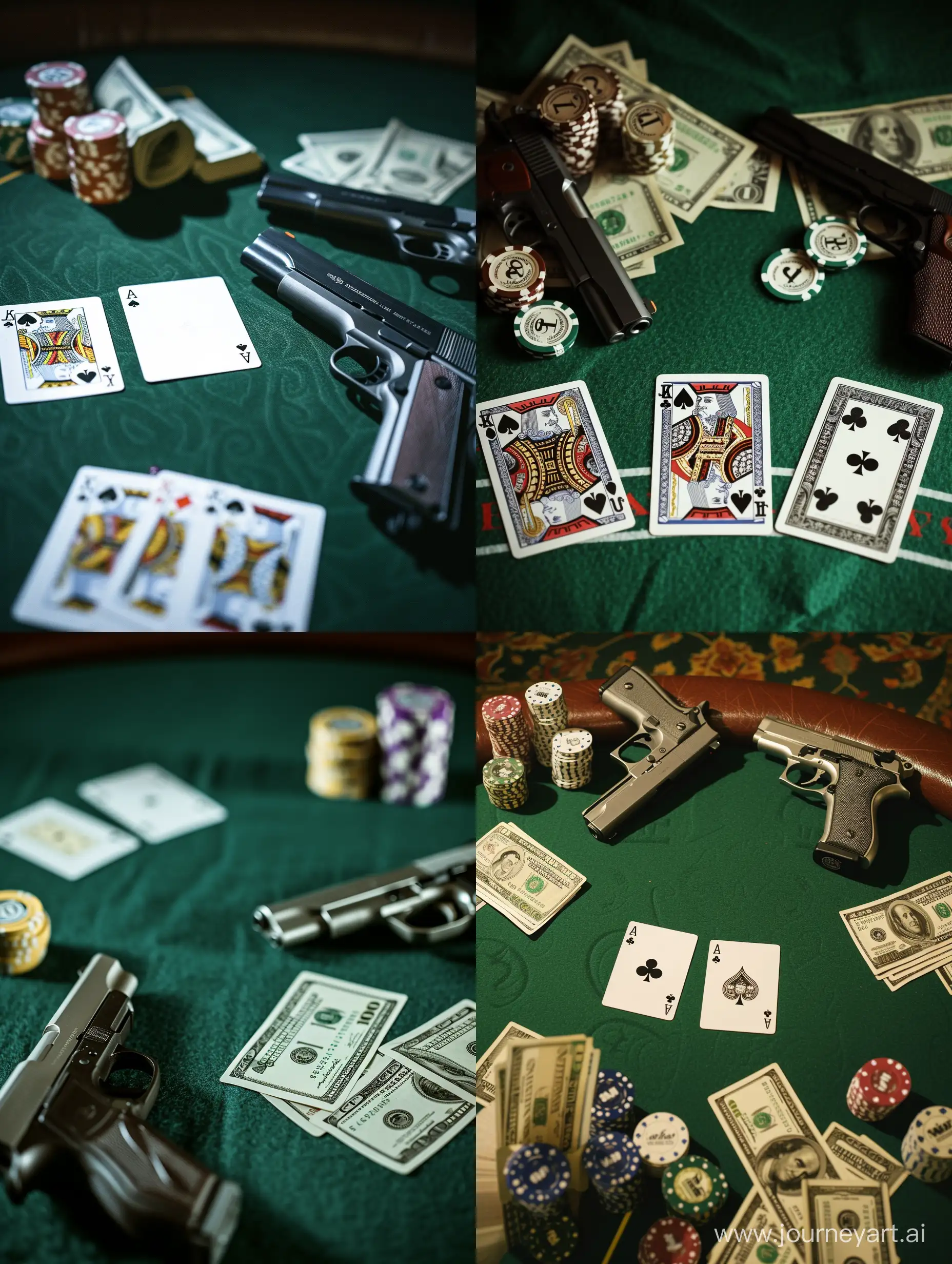Poker table, cards, money, two guns