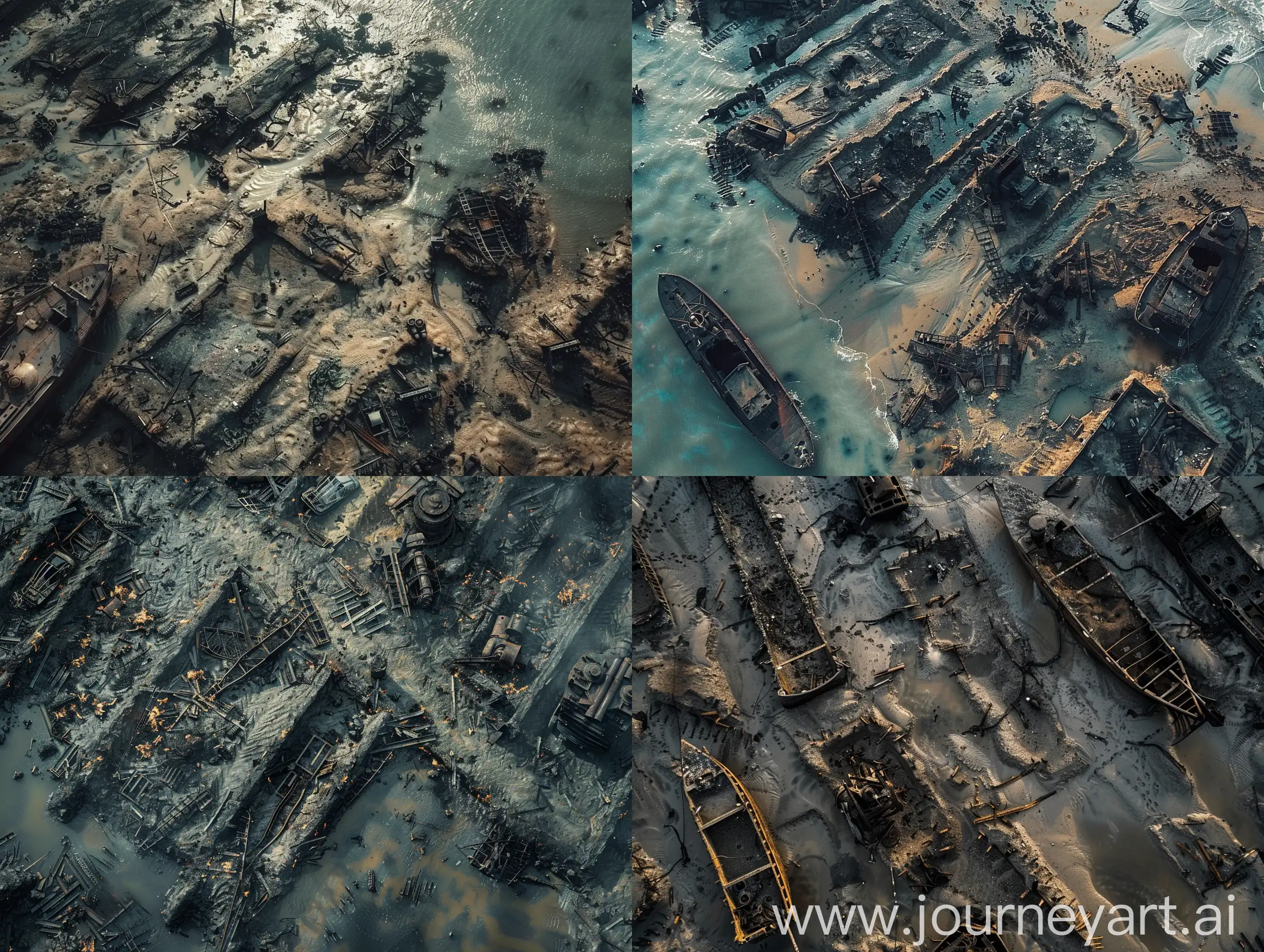 A bird's-eye view of the landing after the battle. A lot of trenches and burned equipment. But with no men