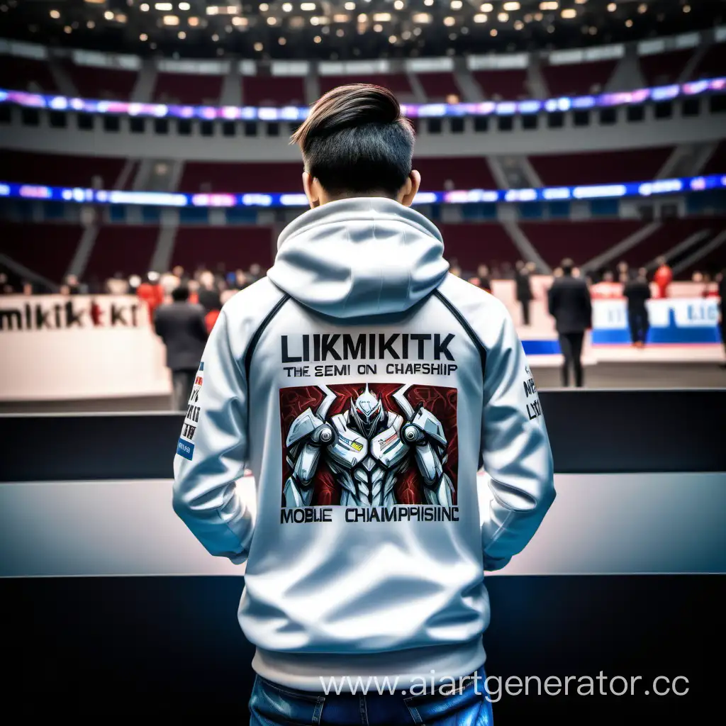 art about a player with his back with the inscription on his clothes Likmiktik in a semi-open state at the mobile World Championship against the background of the stands from the world mobile game championship