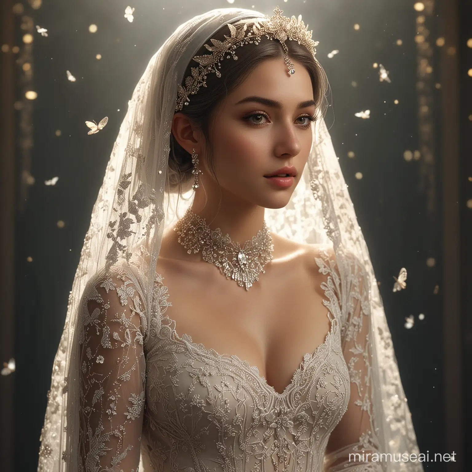 Ethereal Bride in Angelic Attire Surrounded by Mystical Light