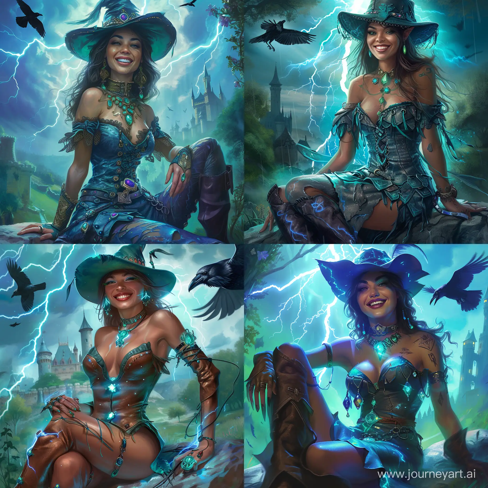 a beautiful and powerful mysterious sorceress, smile, sitting on a rock, lightning magic, hat, castle background, digital art, detailed leather clothing with gemstones, dress, elusive expression, vibrant blue and green colors, shiny smooth texture, eye level perspective, dramatic shadows, featuring a raven flying overhead”