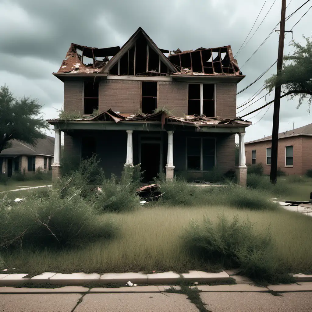 A faded picture of a post-apocalyptic collapsed house in a deserted Texas city. It has an overgrown front yard and a small, rusty fence in front.