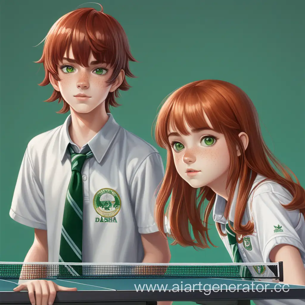 Teenage-Table-Tennis-Match-Redhaired-Girl-vs-Tall-Boy-in-Dashathemed-Shirts