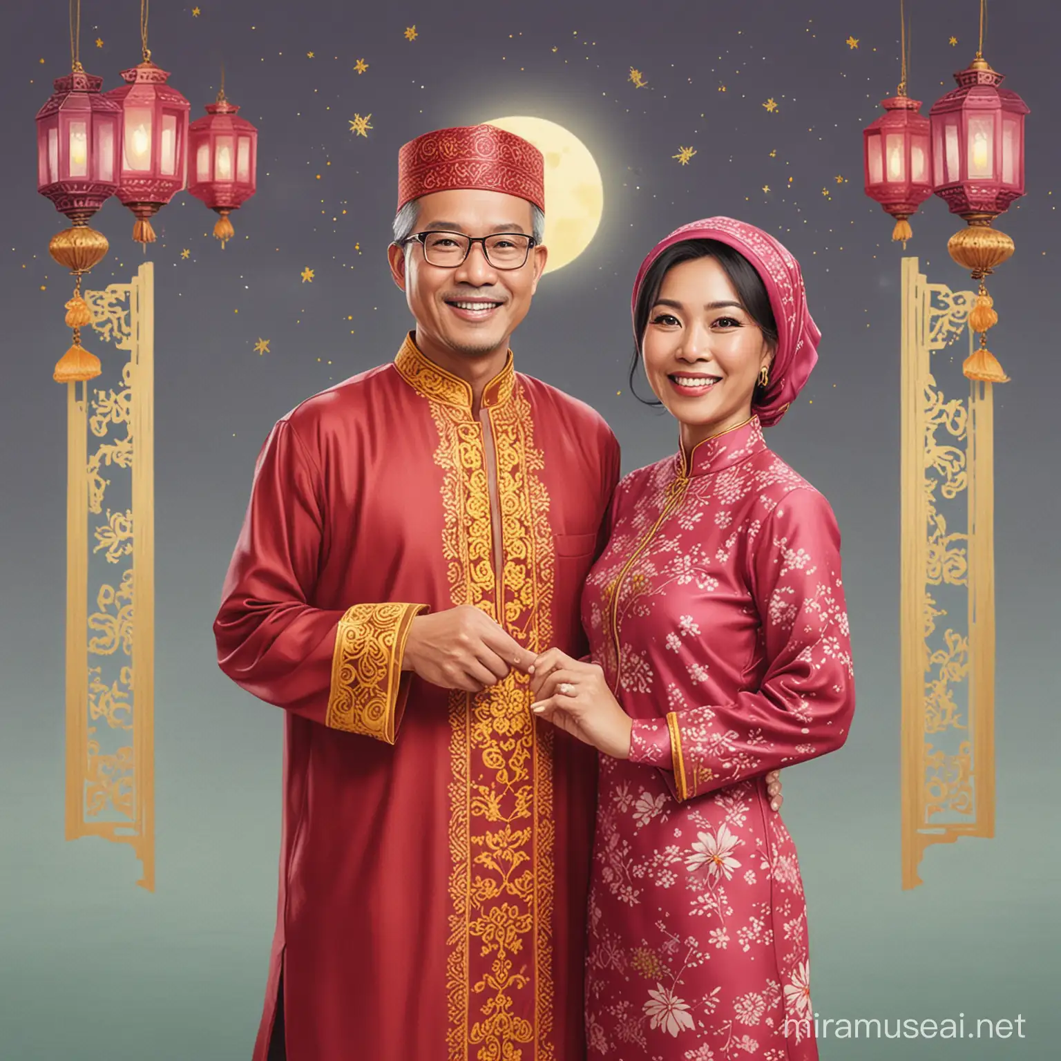马来西亚华人中年卡通夫妇穿着马来传统服侍庆祝开斋节