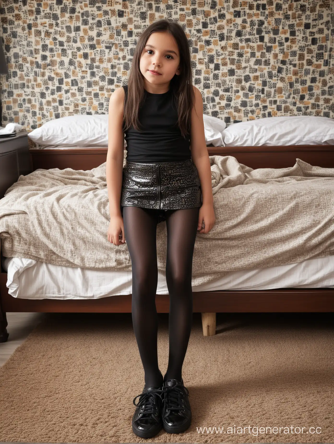 A little girl, 10 years old, pattetned leated skirt, black very opaque  pantyhose, sport shoes. Dark hair. Bedroom. Close up shot. From the under. Turkish. 