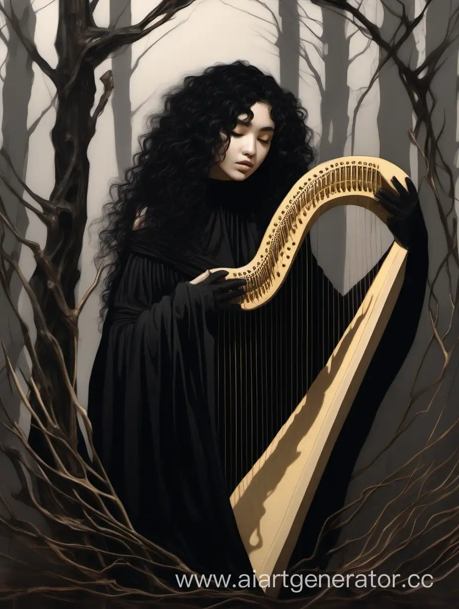 Mysterious-Harpist-with-Veiled-Eyes-and-Curly-Hair