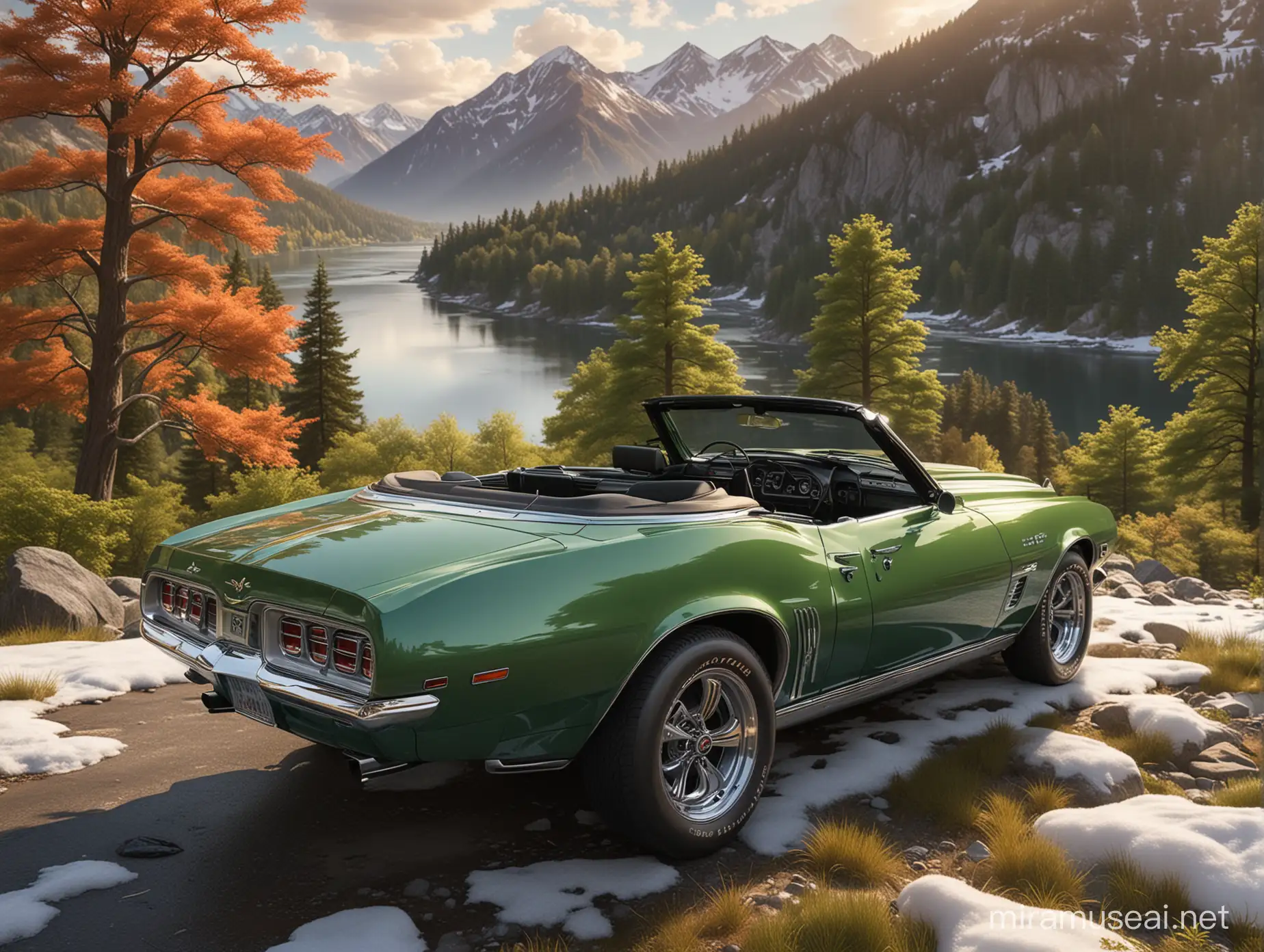 photo realistic of a verdoro green 1969 Firebird convertible with top down, with Pontiac front grill, hood scoops, wide silver chrome tires, sitting on a mountain top overlooking a lush green valley below with large flowing river. huge japanese maple trees with redish foliage follow the course of the river. snow topped mountains in background. sunset sky with fluffy clouds