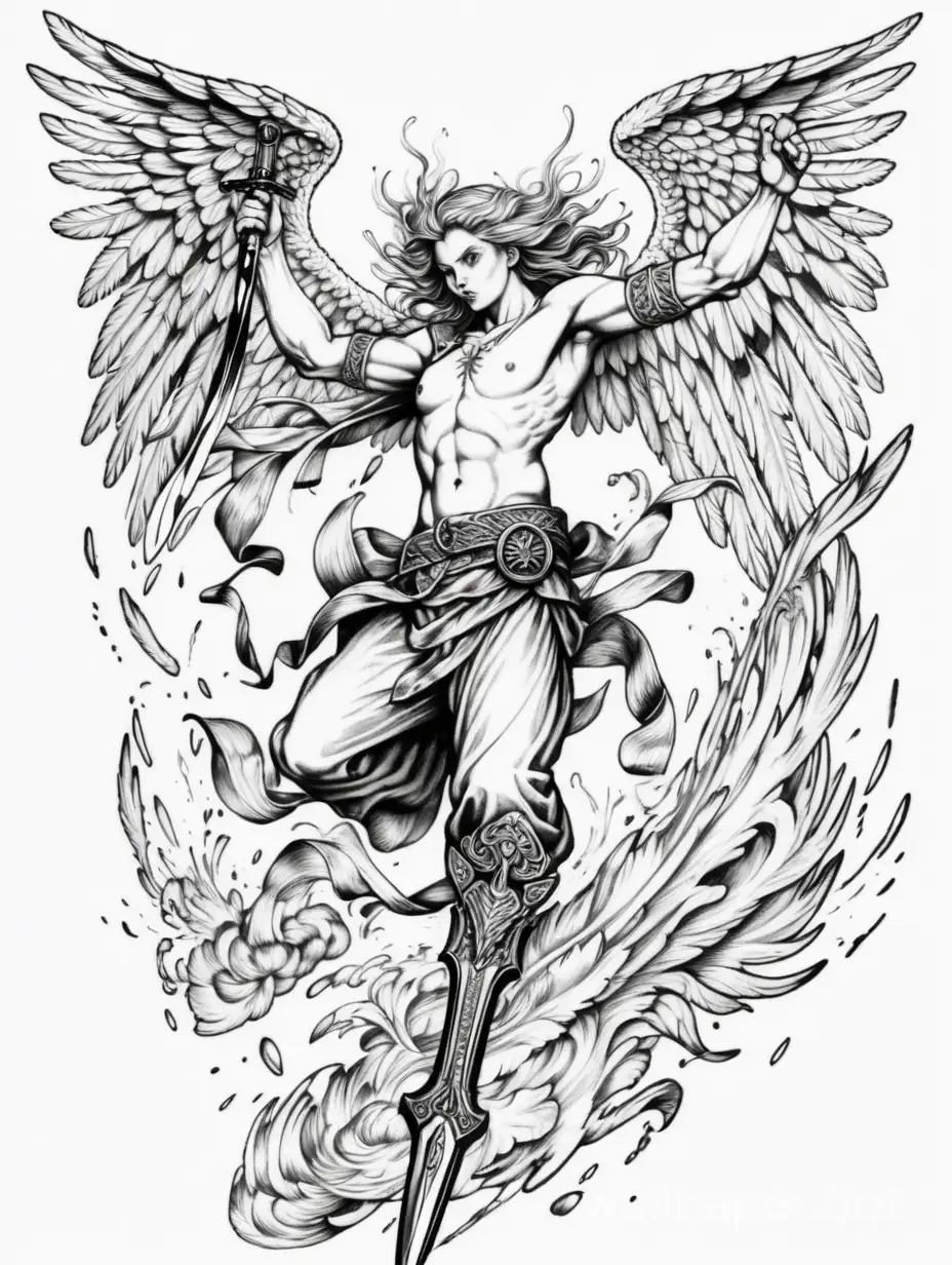 furious flying angel, explosive sword pose,  masterpiece tattoo, lineart, hipperdetailed, blackwork,  white background