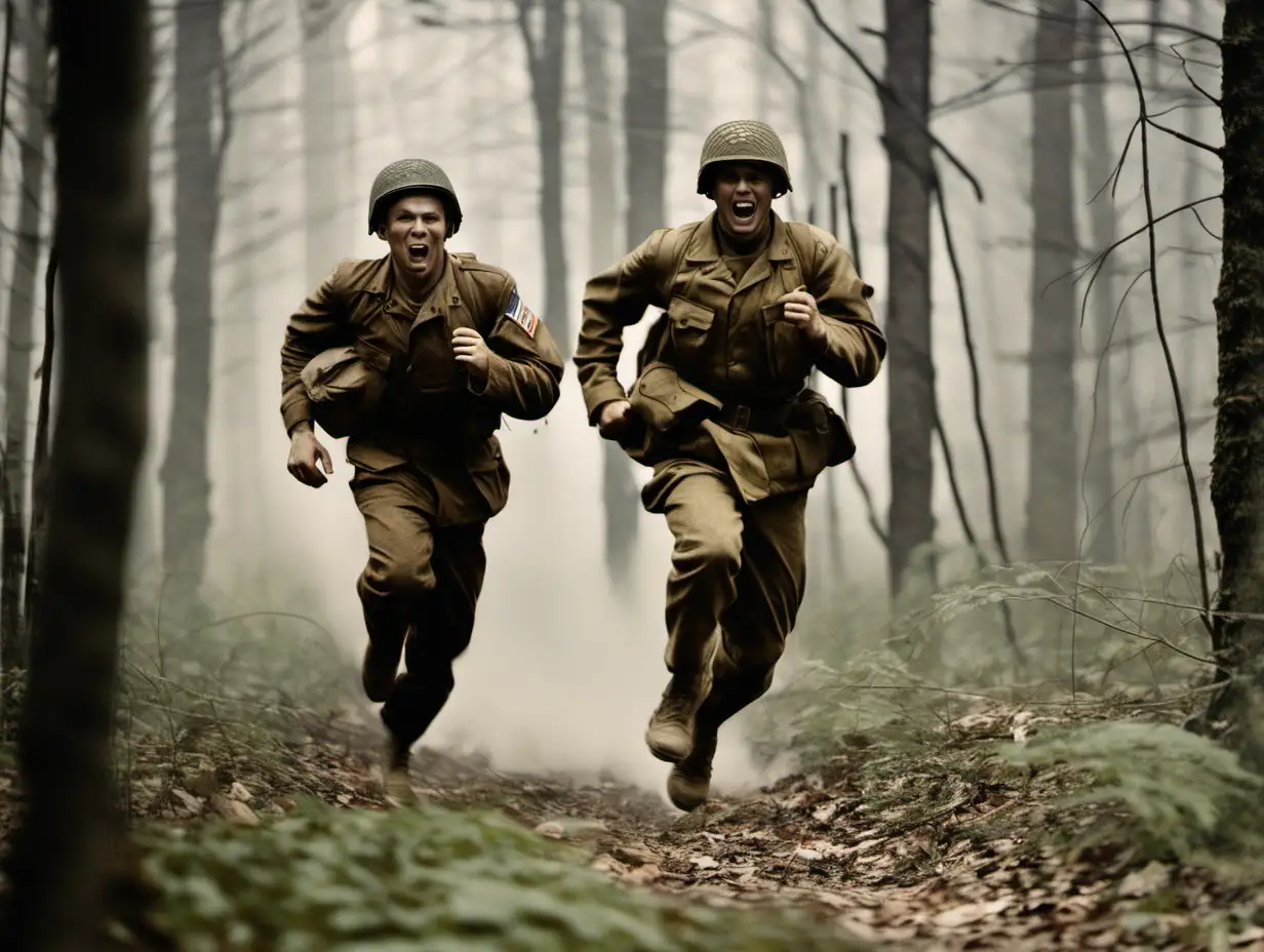 World War 2 Soldiers Sprinting through Dense Forest