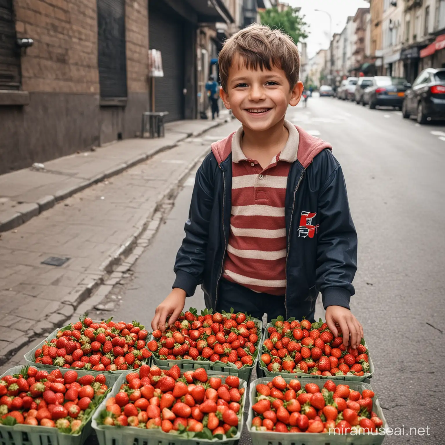 Cheerful Young Street Vendor Selling Fresh Strawberries