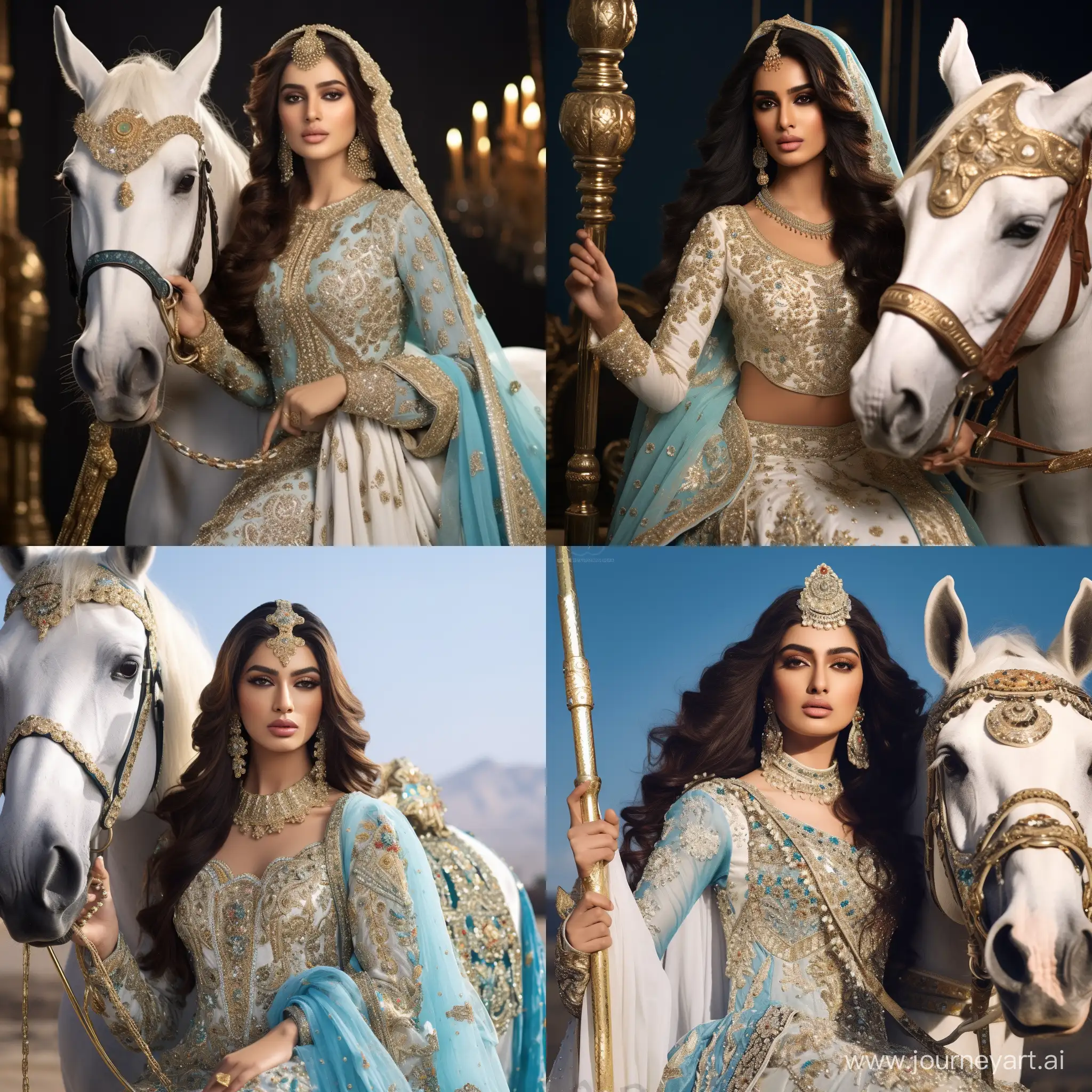 a milky white skin muslim Pakistani bride with long dark brown straight hairs, wearing a luxurious islamic bridal suit in sky blue, with white veil, + embroidered. bride adorned by gold jewelries, and a dazzling royal platinum crown with emeralds & diamonds she's standing next to a big muscular white horse and holding luxorious gold reign, horse adorned by golds jewelries with emeralds. depth, vibrant, moon on the sky, evening time, High dfinition, energy  