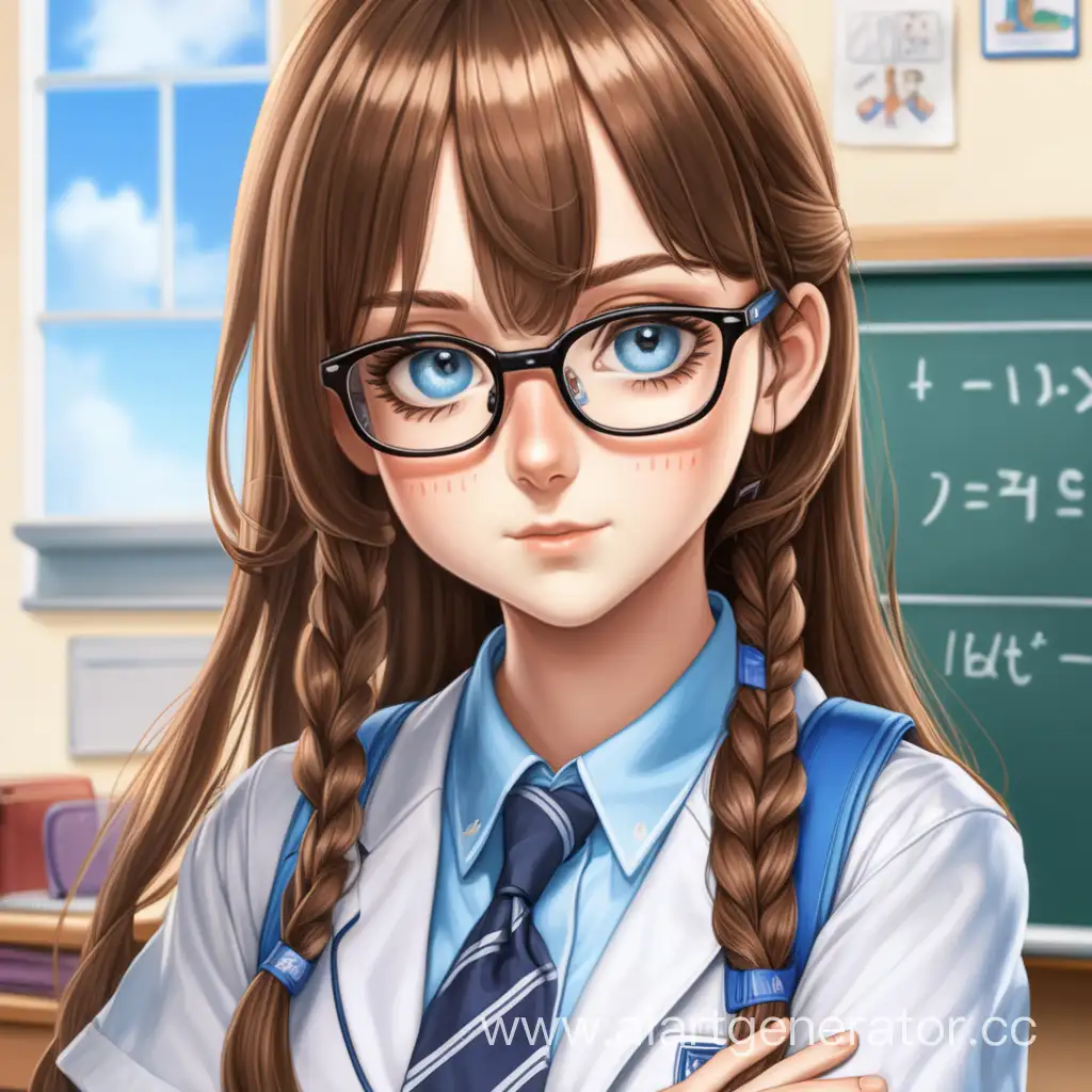 light minded,popular and athletic girl,she is average height with big blue eyes,with medium-sized breast,long,soft brown hair and with square glasses. Usually wears school uniform everywhere,also she wears bandages on her palms