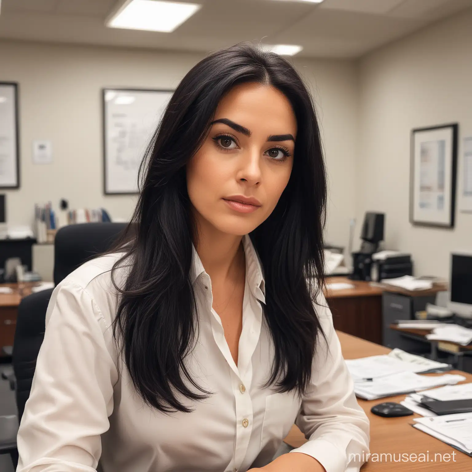 A female lawyer with long, thick black hair and dark brown eyes. She wears a moon buttoned shirt and works in an office in her own building. She has an oval face with thick eyebrows

