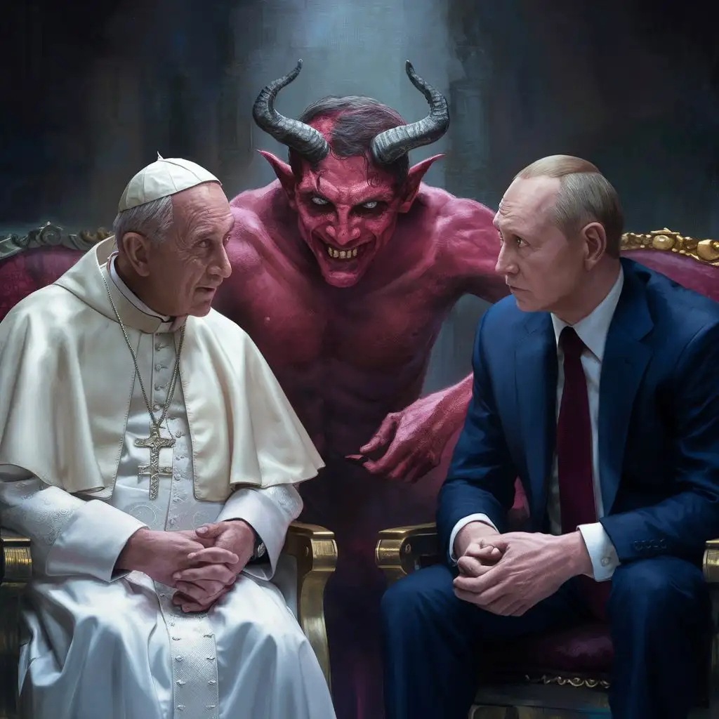 Demon is sitting with pope francis and vladimir Putin.