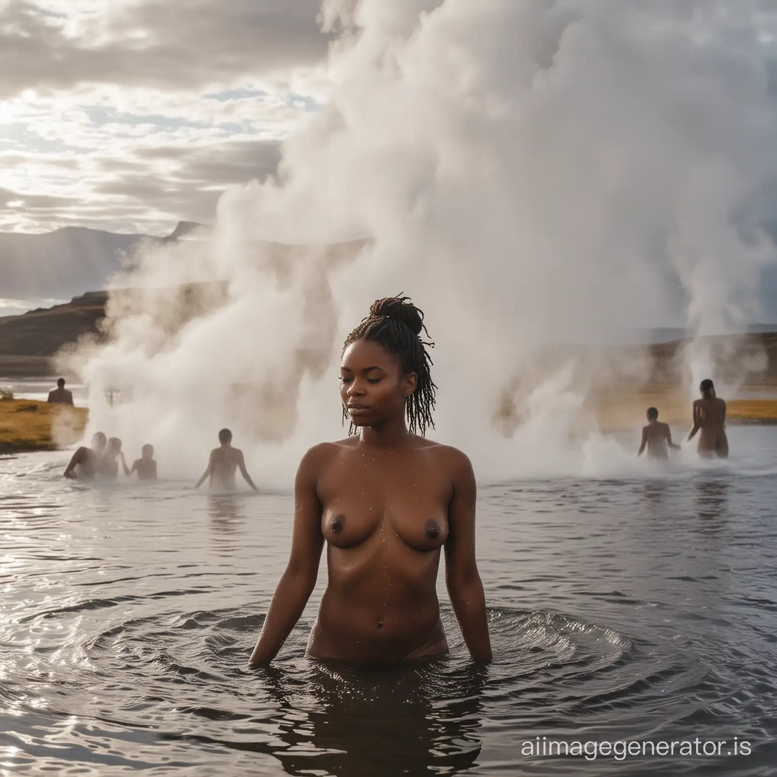 African women bathing naked in a hot water lake in Iceland, hot water vapor