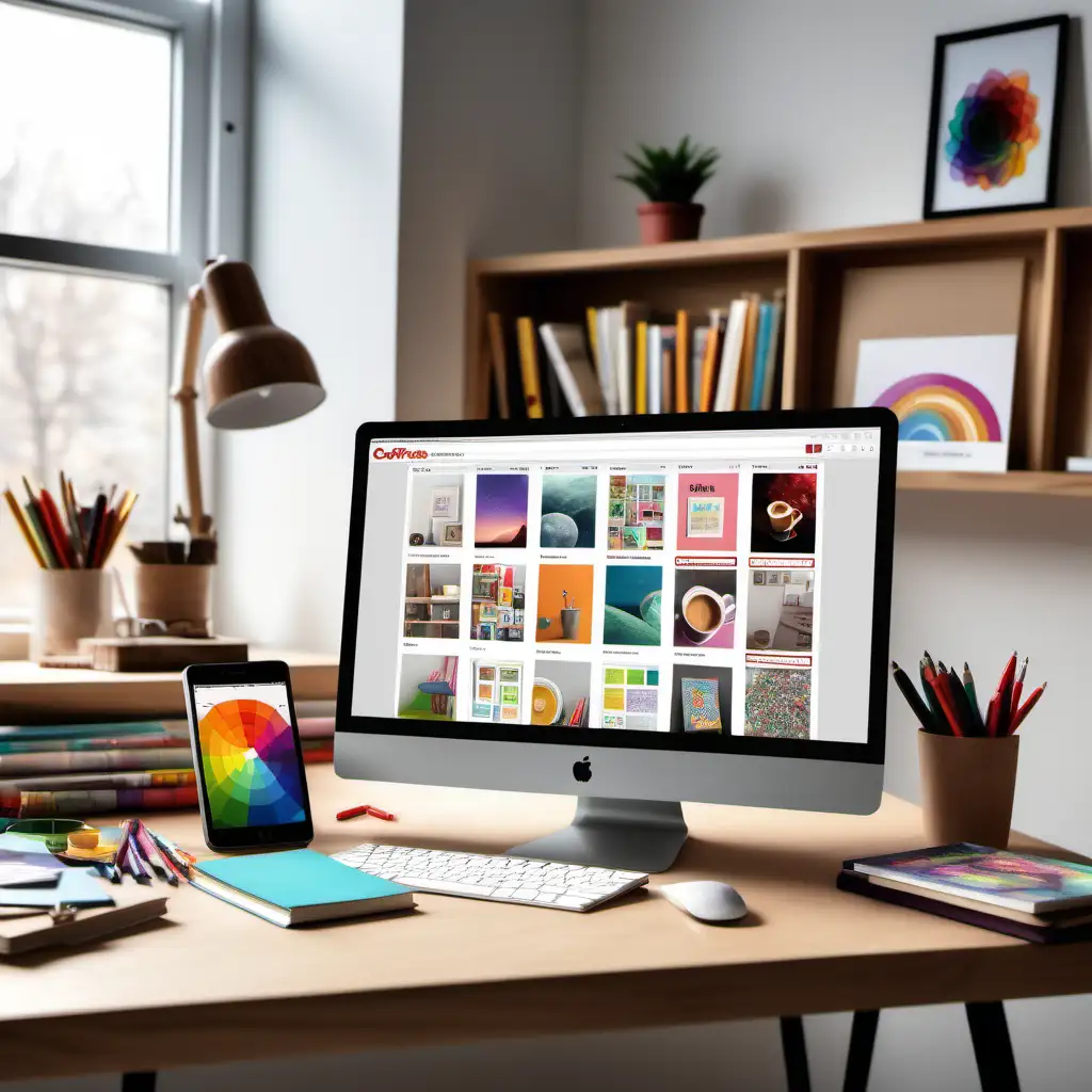 A realistic photo visualization depicting a space filled with colorful images and inspiring content. In the foreground, there is a computer or smartphone screen with an open Pinterest page, displaying a variety of pins with creative projects and photos. In the background, there is a shelf with multicolored books and notebooks, symbolizing creativity and inspiration. Next to the screen, there is a cup of coffee, adding coziness and stimulating creativity. The entire composition creates an atmosphere full of possibilities for discovering new ideas and inspiration on the Pinterest platform.