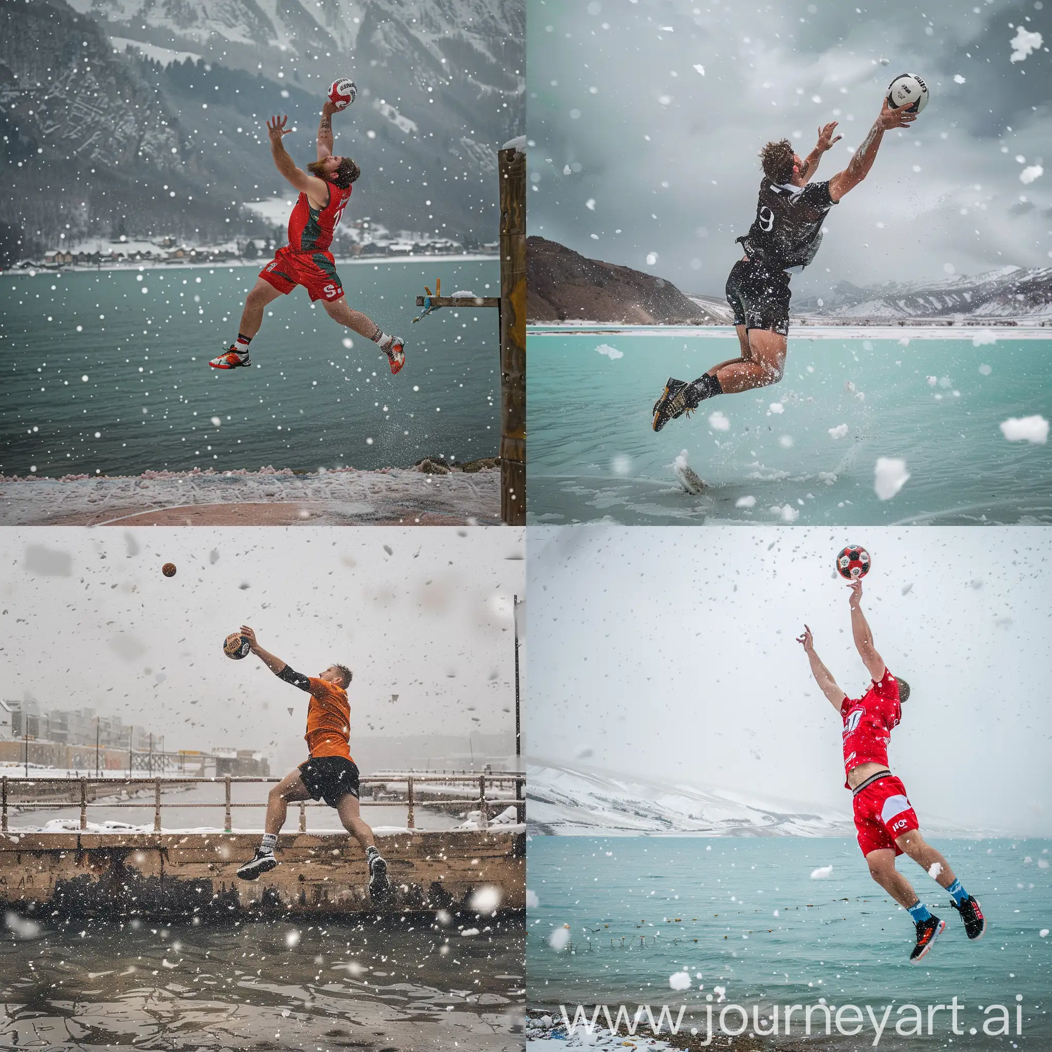 Handball-Player-Making-a-Strong-Shot-Above-a-Snowy-Lake