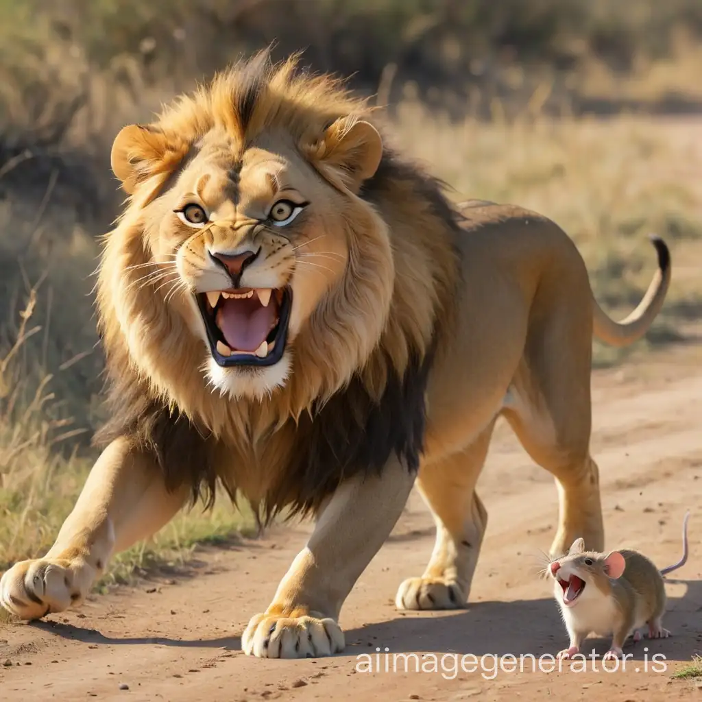 Lion laughing and a mouse running away