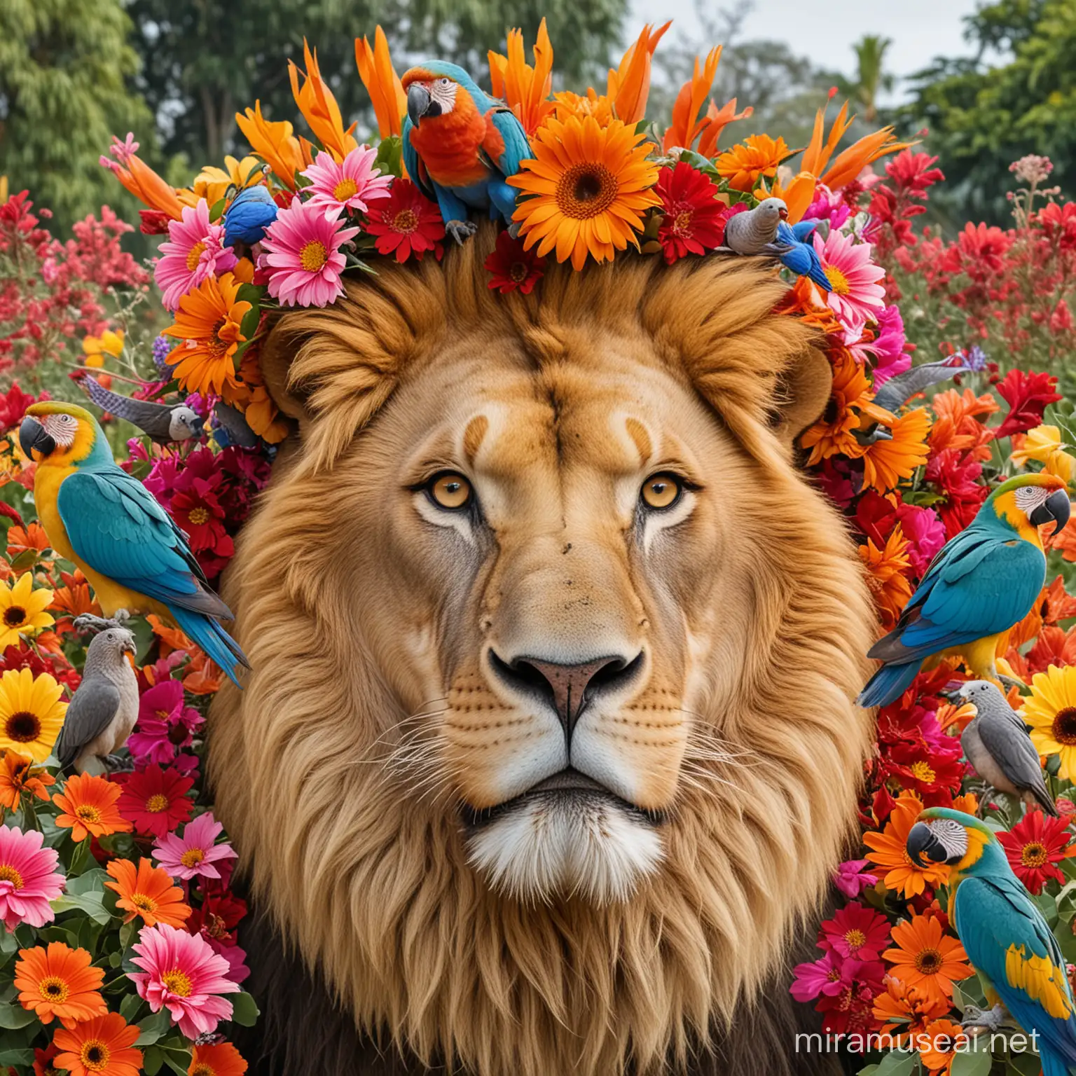 face of a lion, behind him lots of colorful flowers and large parrots
