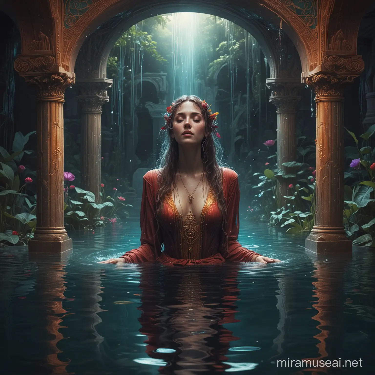 art nouveau style, oracle crying at the edge of a pool of water, magical underground temple, colorful, dark mystical world