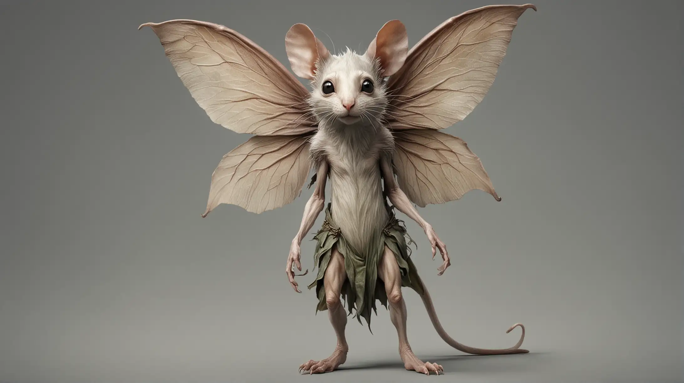 A fictional creature.
Solitary. A lone

pixie
in the style of Brian Froud

with the features of a

mouse
.
Full length view.
Highly detailed, 4k, hyper-realistic.
Isolated on a neutral gray background.