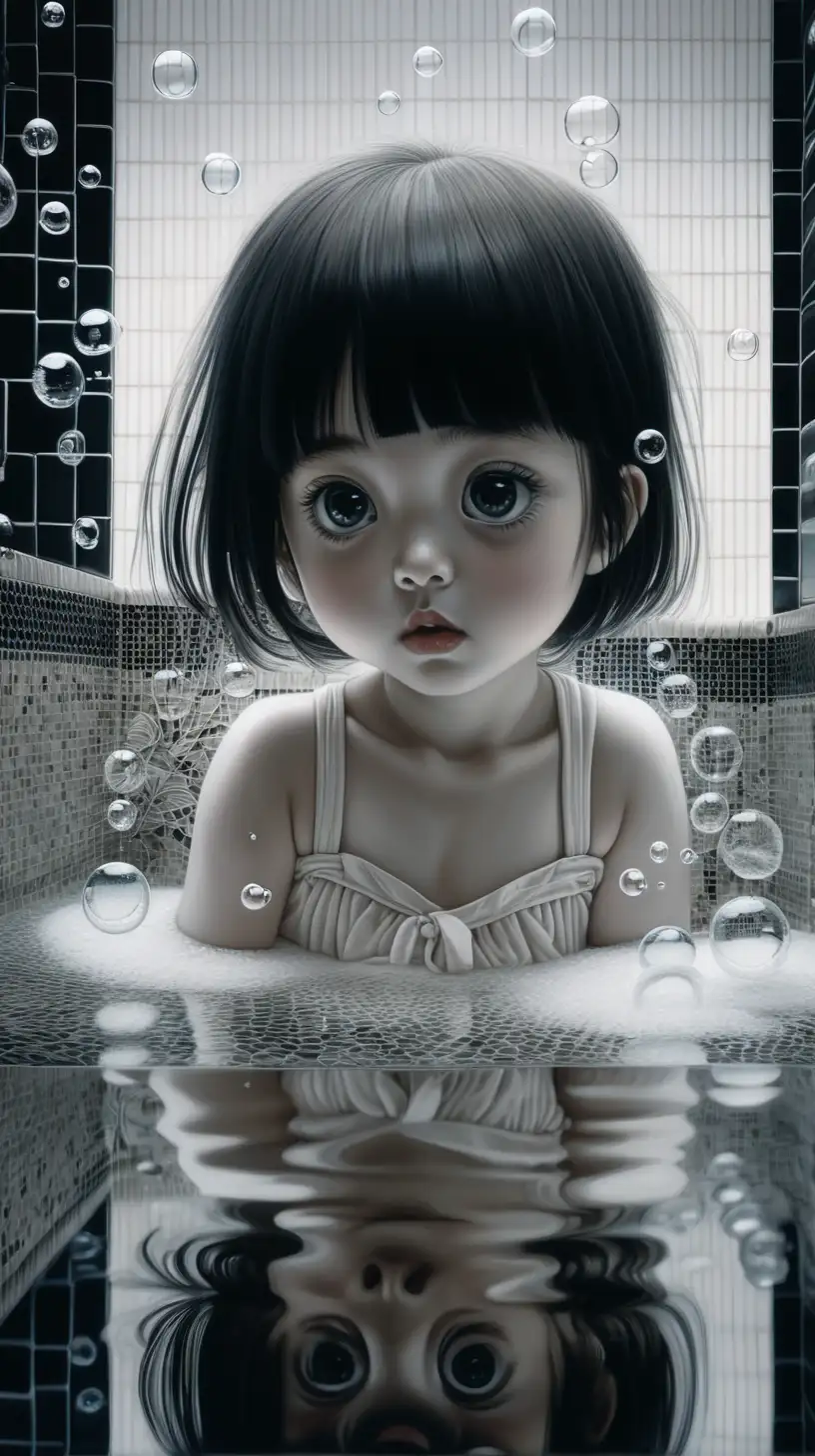 Closeup, little girl, big eyes, bubble bath, double exposure portrait, internal Japanese bathroom , mirrored on water's surface below, colour scheme centred on black, cream,  white, against a stark black backdrop, chiaroscuro enhancing the intricate details, in a digital rendering.
