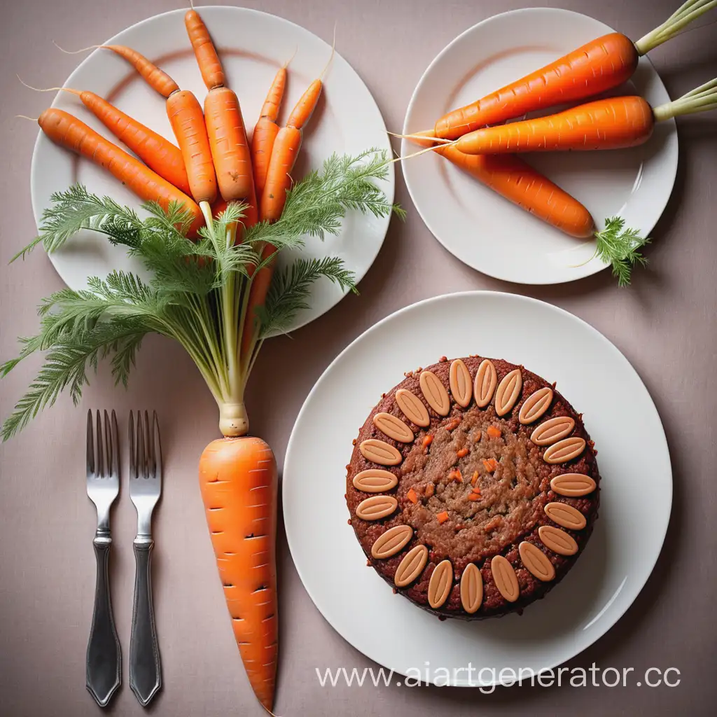 Две ладони с тарелками: в одной - тарелка с красивыми морковками, в другой - морковный торт