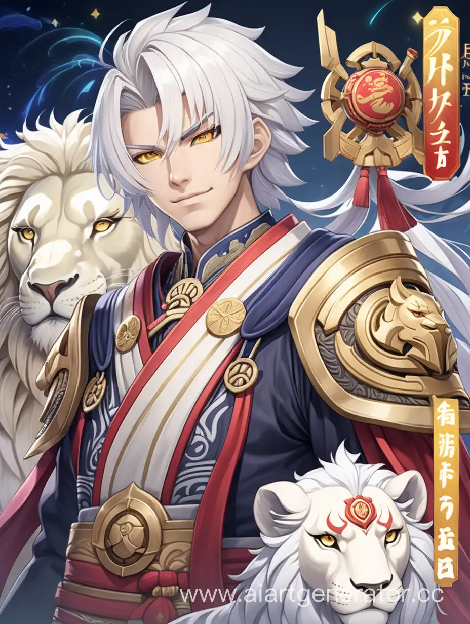 HONKAI STAR RAIL GAME: A TALL BOY WITH SHORT WHITE HAIR, GOLDEN EYES, GENTLE SMILE, IN CHINESE WARRIOR CLOTHES WITH A WHITE LION BESIDE HIM