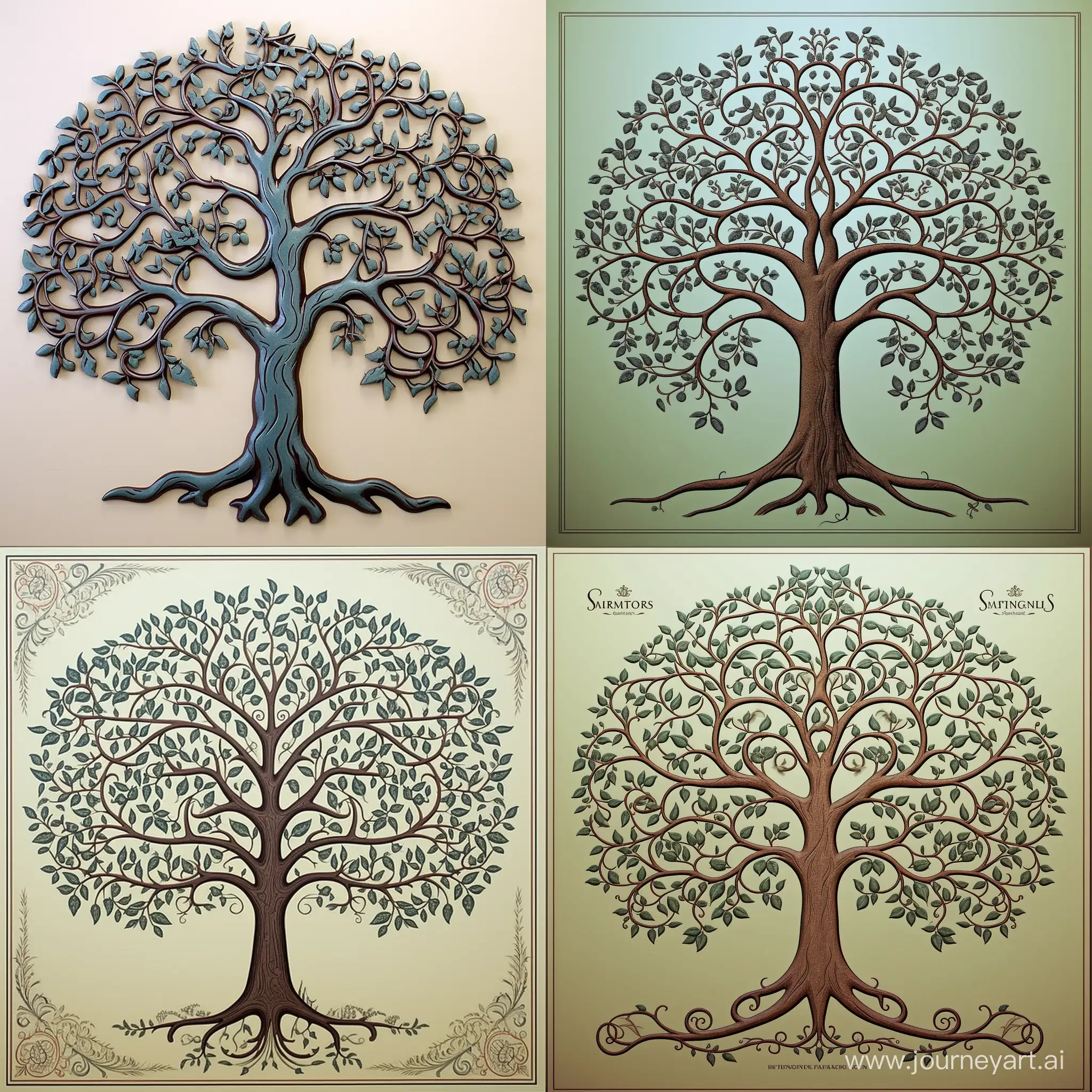 Design a detailed, artistic tree of life representing plant taxonomy, with a thick trunk and many branches extending outwards,The trunk at the base should be labeled 'Plantae Kingdom', The first layer of main branches should represent the major divisions and phyla of the plant kingdom, Each division branch should split into smaller branches named after plant classes, then order, family, genus and species .