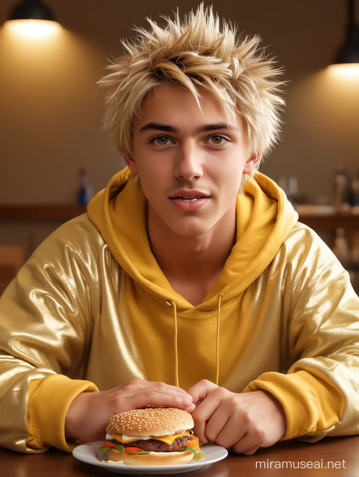 blond Very handsome,,boy,boy,17 years old,(beautiful vivid ocher-Brown eyes with 3D light reflection),back,athletic figure, ,detailed hands And fingers,tanned,blonde hair,athlete,golden blonde short cut with spiky hair  , dressed in a yellow hooded sweatshirt and sitting at a table in Donald's MČ, holding a hamburger in his hand and about to bite into it, with his mouth wide open,